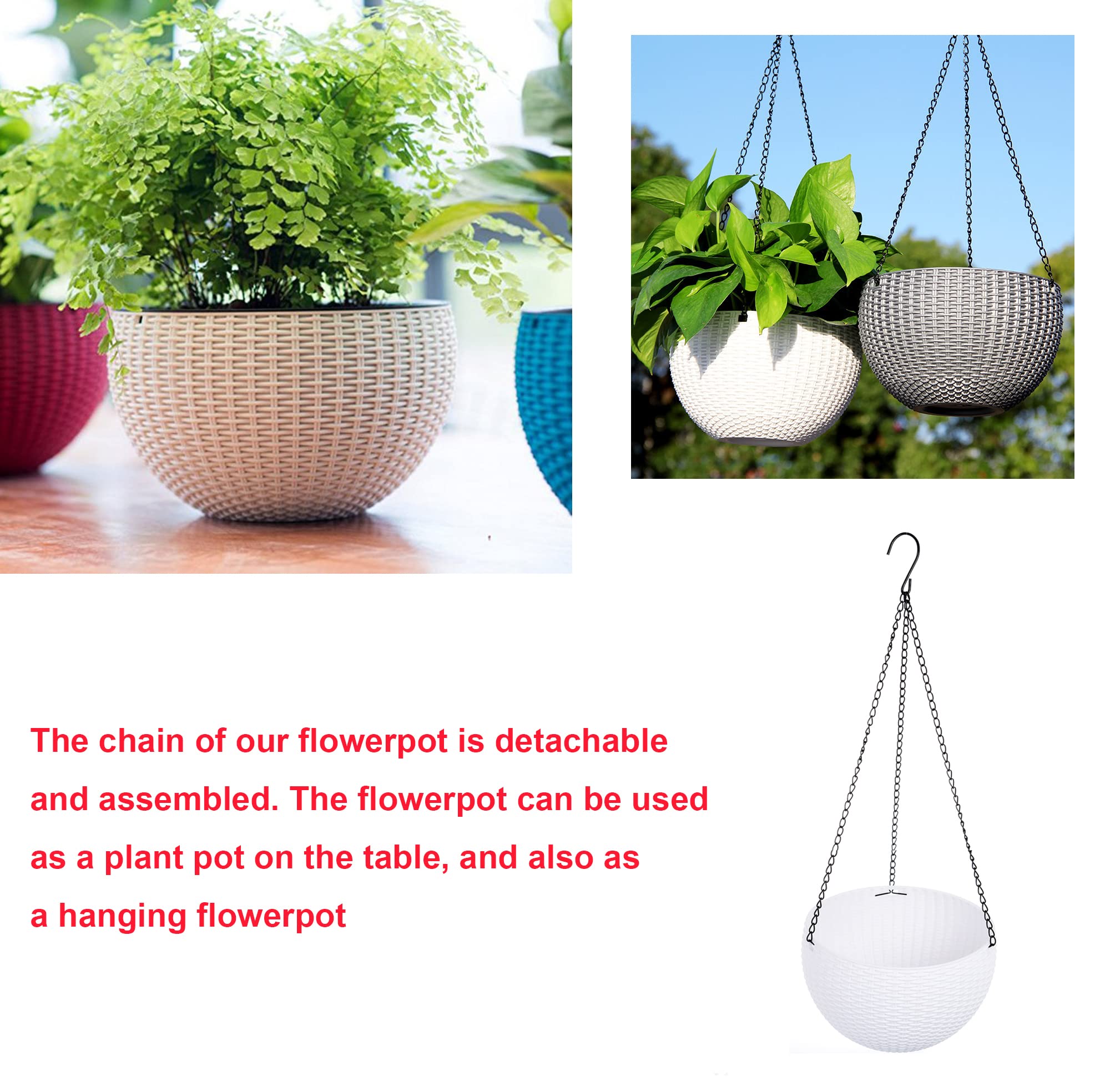 Pot de fleurs à suspendre en rotin plastique rond Résine Jardin Pot de fleurs à suspendre pour plantes d'intérieur ou extérieur, Lot de 2 Blanc blanc