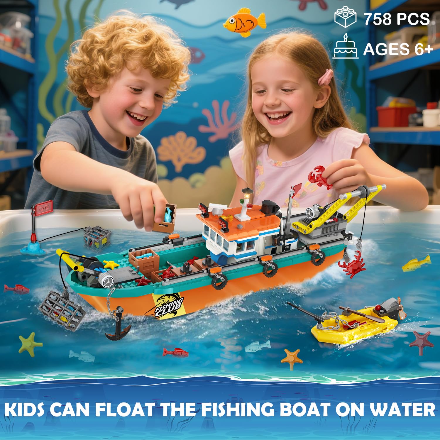 HiWEEGO City Fischerboot Werft Boot Bausatz für Jungen Kinder 6 7 8+ Jahre | 762 Teile Schwimmfähiges Baukasten Ozean Schiffs Baustein Schnellboot Kran Containern Spielzeug Mädchen Geburtstags Geschenk
