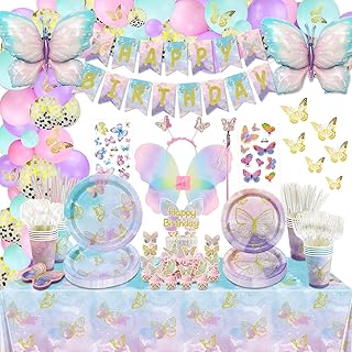 XJLANTTE 256 Pcs Butterfly Party Decorations - Including Plates, Tablecloth, Balloons, Banner, Butterfly Stickers, Cups, Butterfly Wing Set for Butterfly Birthday Decorations, Fairy Party Supplies