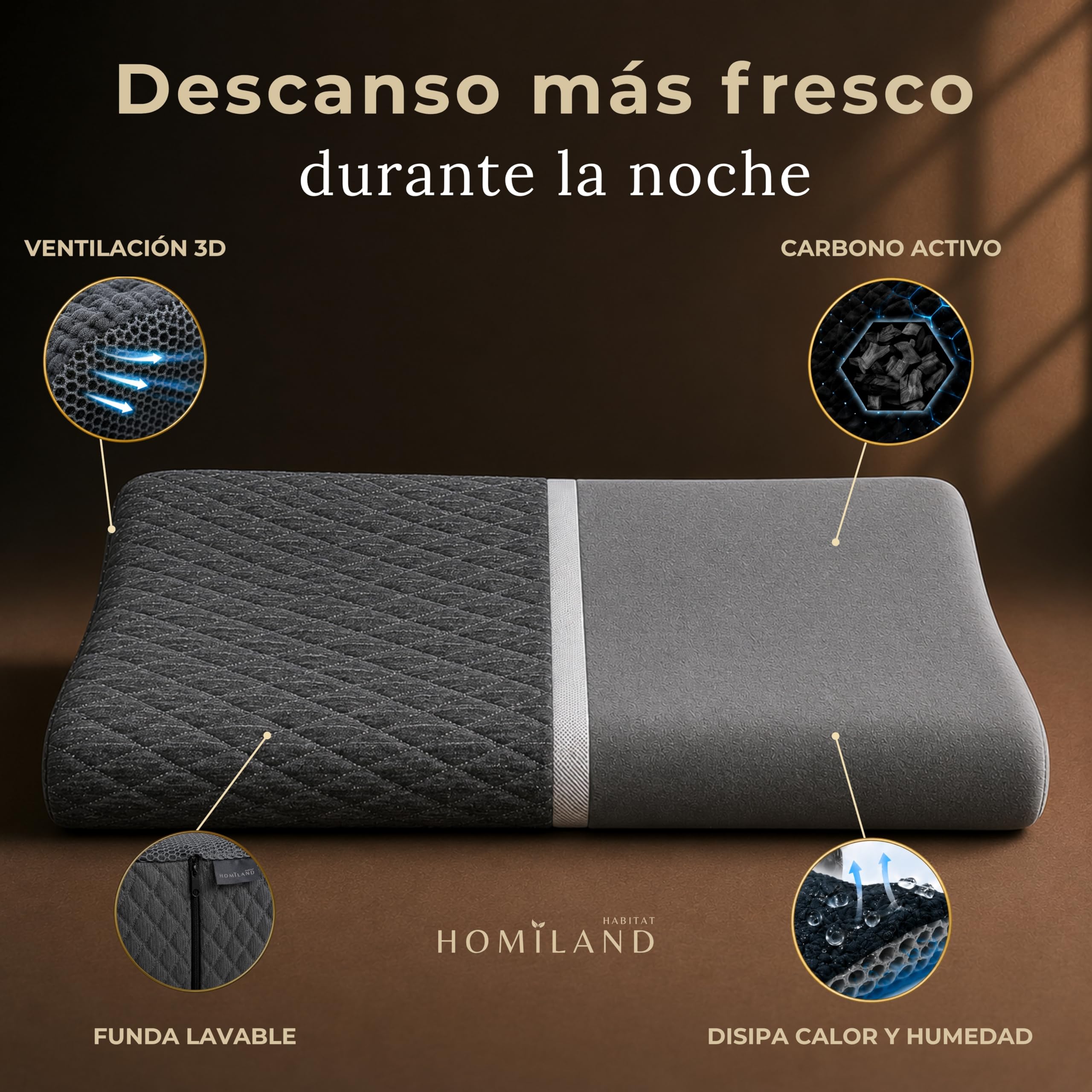 Almohada cervicales y Cuello, viscoelastica, antironquidos para Hombre, Doble Altura con Carbono Activo y ventilación 3D para un Descanso más Profundo y reparador