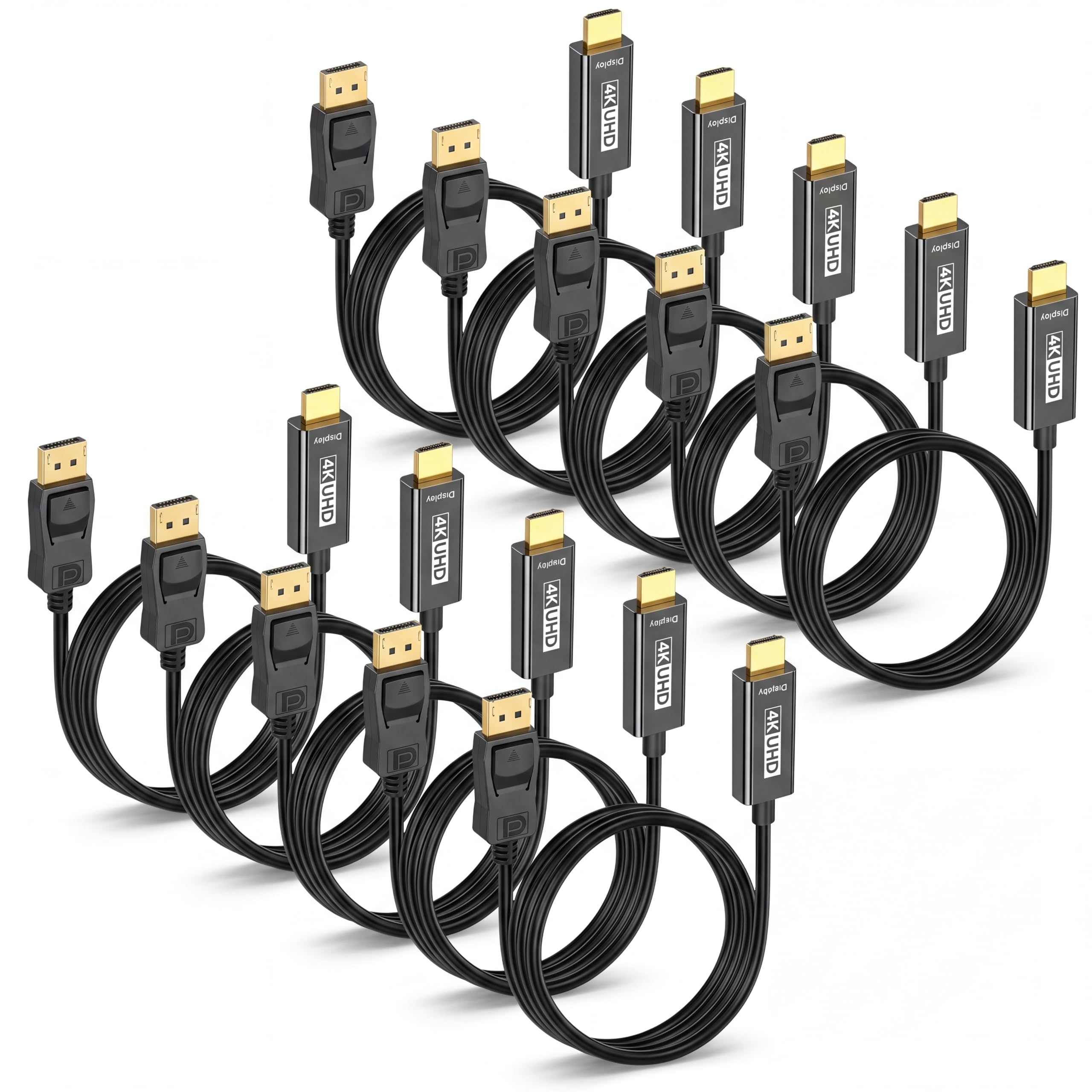 Cable DisplayPort 4K a HDMI de 6 pies, paquete de 10 cables DP a HDMI unidireccionales 4K @30HZ 2K @120HZ 1080P HDR - chapado en oro macho HDTV para proyector Dell de escritorio AMD NVIDIA Lenovo HP
