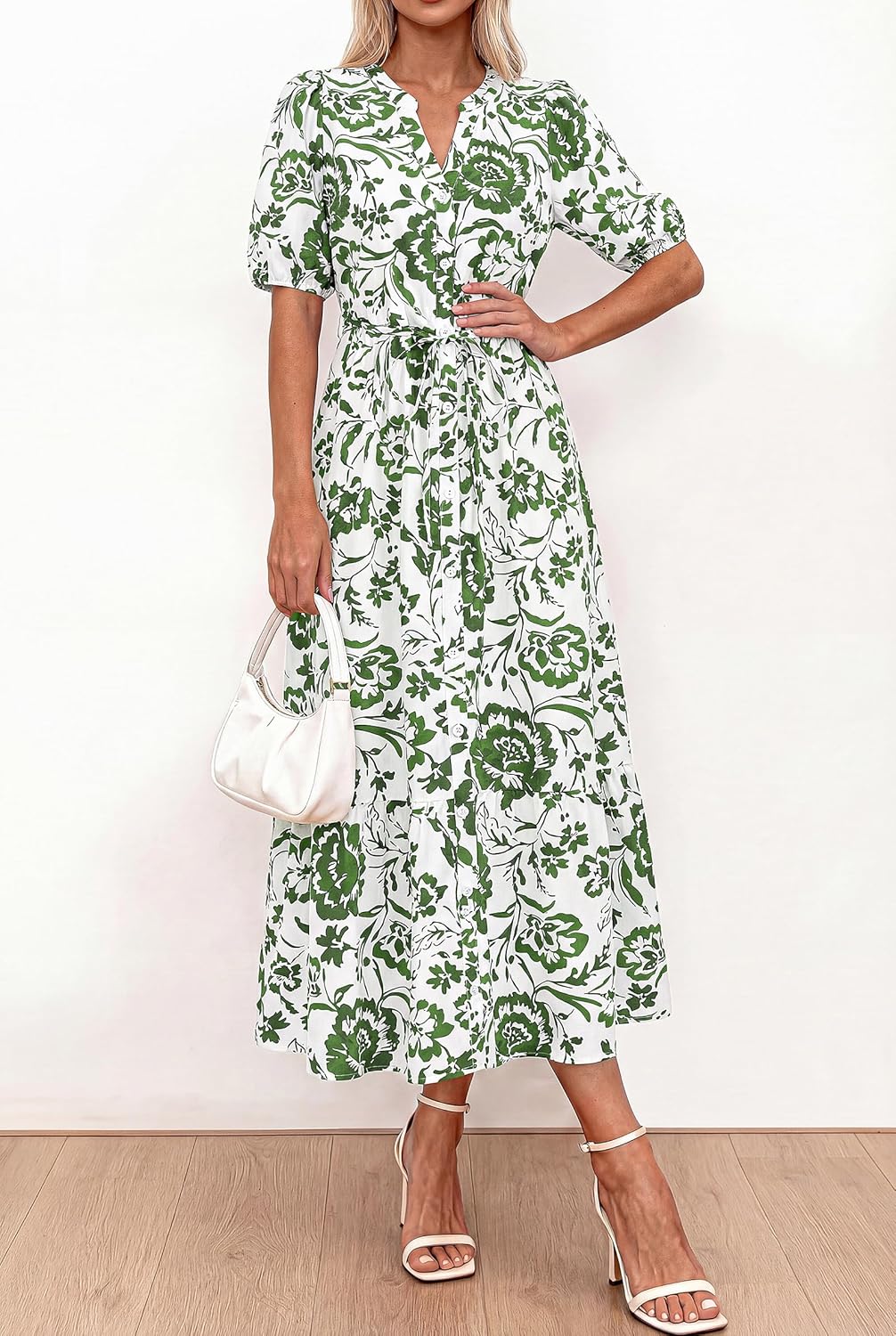 Okiwam Summer Dresses for Women 2026 Casual V Neck Short Sleeve Boho Floral Midi Dress Button Down Beach Vacation Sundress