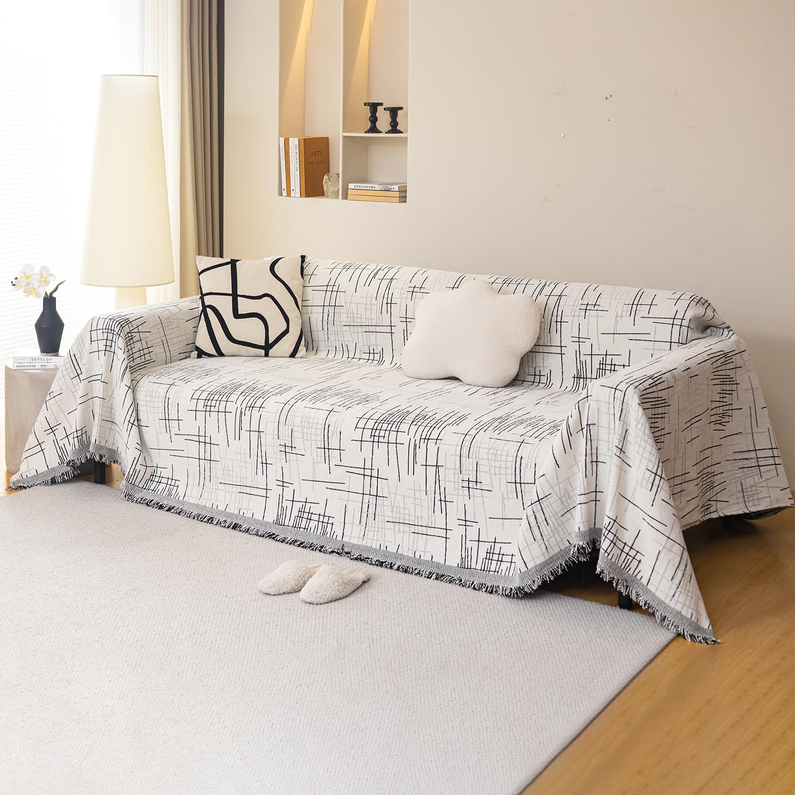 Vanderhome White Background Chenille Sofa Throws Reversible Sofa Throw Blanket With Tassels Breathable Versatile Throws For Sofas Large Throws For Sofa Bed And Livingroom 180 * 260Cm