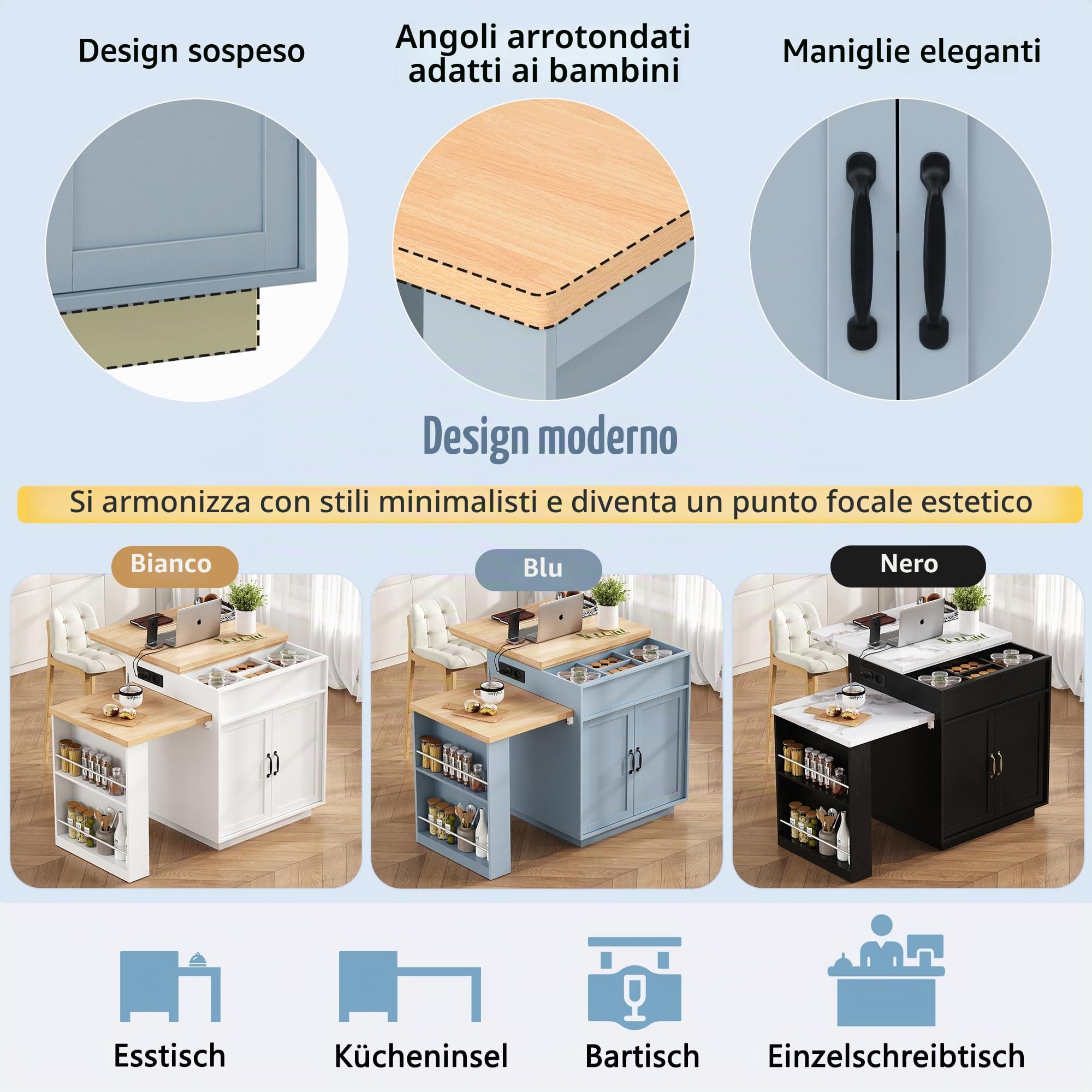 Isola da cucina, armadio da cucina con ruote, tavolo da pranzo allungabile con illuminazione a LED, tavolo da cucina con prese, come credenza, carrello per mobili o tavolo da bar per cucina