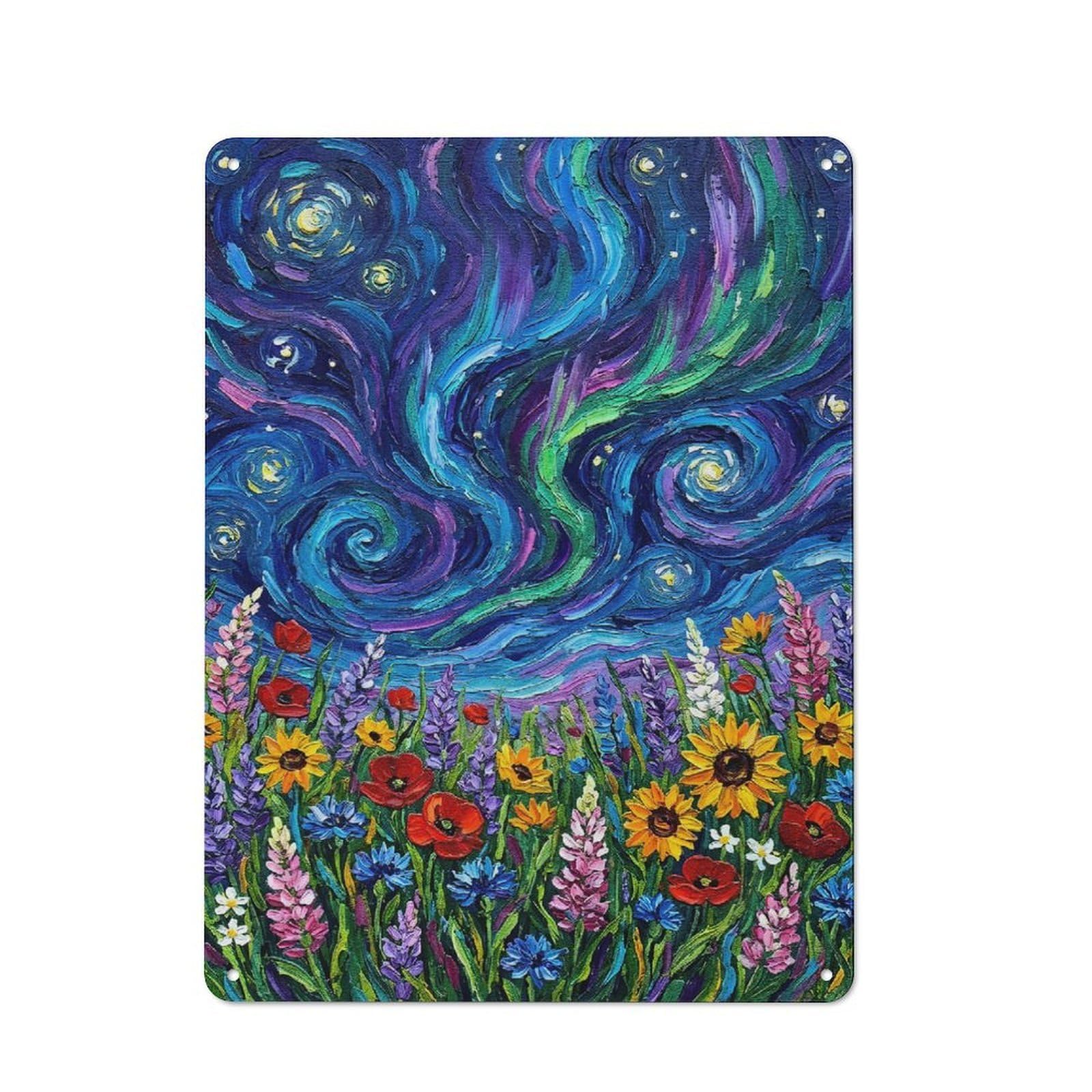 Junmoney Style-11 Vintage Metal Plaque 40X30cm Featuring Floral Field Under Swirling Night Sky, Diner Style Decor For Restaurant, Kitchen, Counter Or Breakfast Nook