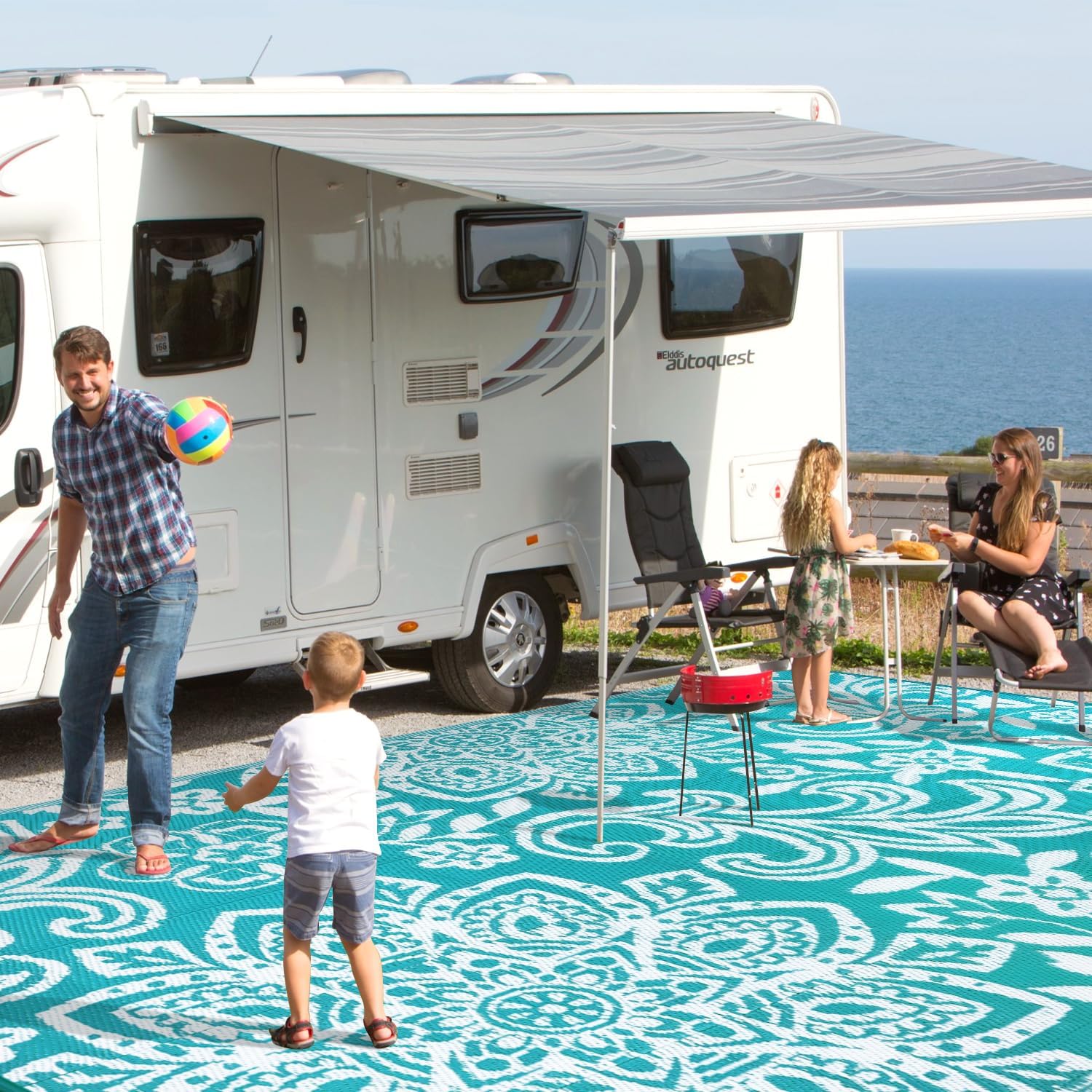 Findosom Waterproof Outdoor Rug 9' x 12' - Reversible Mandala Outdoor Plastic Straw Rug, Durable Foldable Patio Rug for RV, Deck, Balcony, Backyard, Picnic, Porch, Camping, Beach, Blue