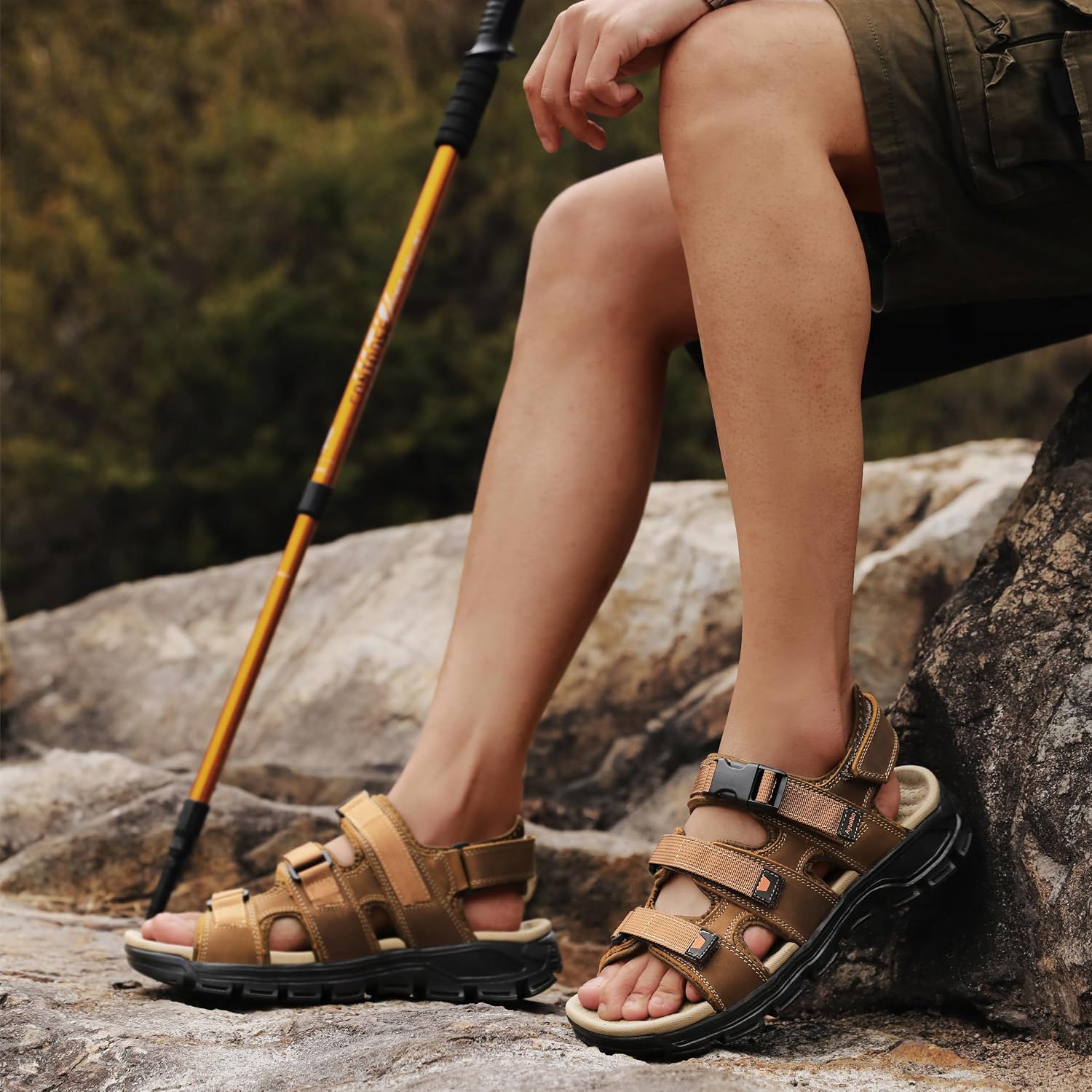 Men's Open Toe Leather Sandals, 4 Adjustable Straps Outdoor Athletic Hiking Sandals, Non Slip Lightweight Walking Beach Summer Casual Shoes