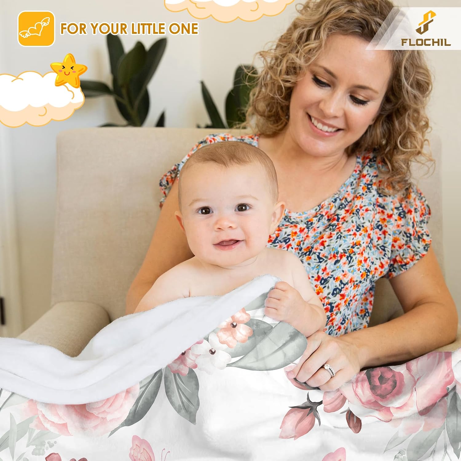 FLOCHIL Personalized Baby Blanket for Girls, Custom Baby Blanket with Name, Customized Floral Baby Blanket, Gift for Baby Shower, Toddler, Babies, Newborn