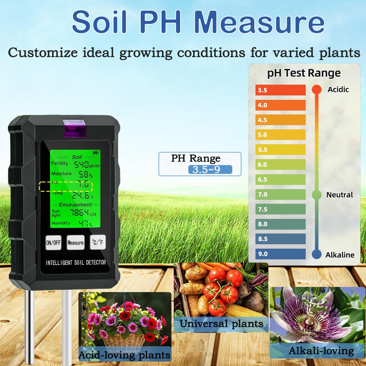 Testeur d'Humidité du Sol 6 en 1, Mesure pH, Fertilité, Lumière Soleil, Température, Hygromètre Plante pour Jardin, Potager et Plantes d'Intérieur