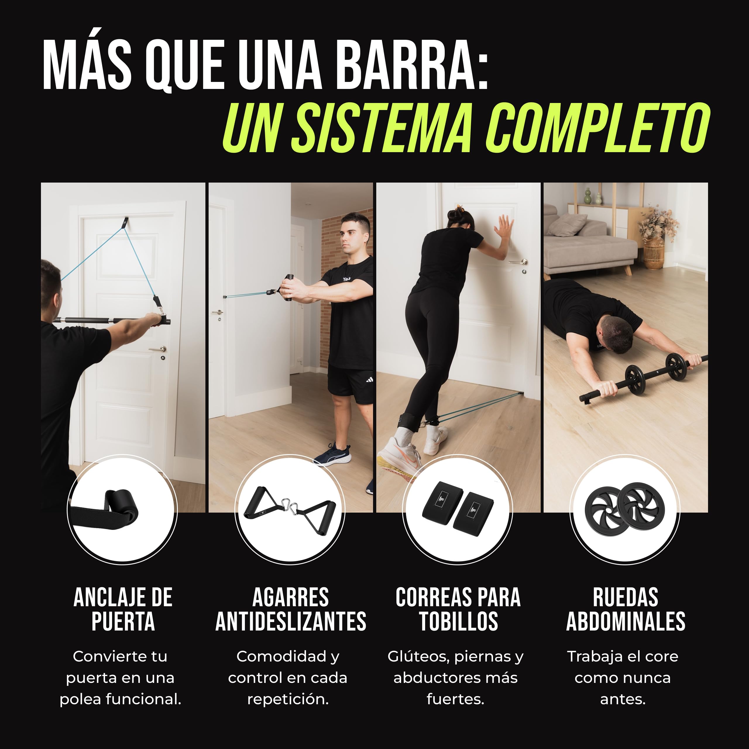 Bandas Elásticas de Musculación con Barra | Gomas de Resistencia hasta 100 kg | Kit de Entrenamiento en Casa Completo | TRAINEX