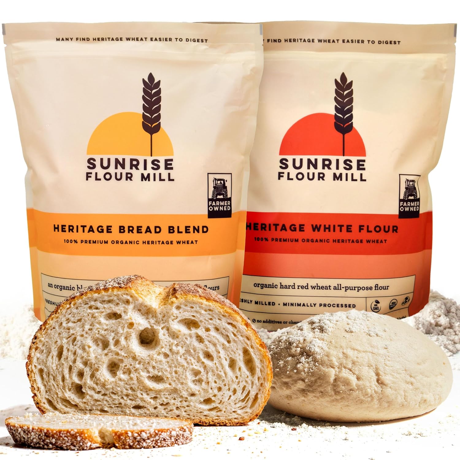 Sunrise Flour Mill Heritage Organic Bread Flour Blend & White Flour (80 Ounce (Pack of 2)) - Non-GMO, Kosher, Grown Without Glyphosate, Unbleached, High Protein, Superior Baking