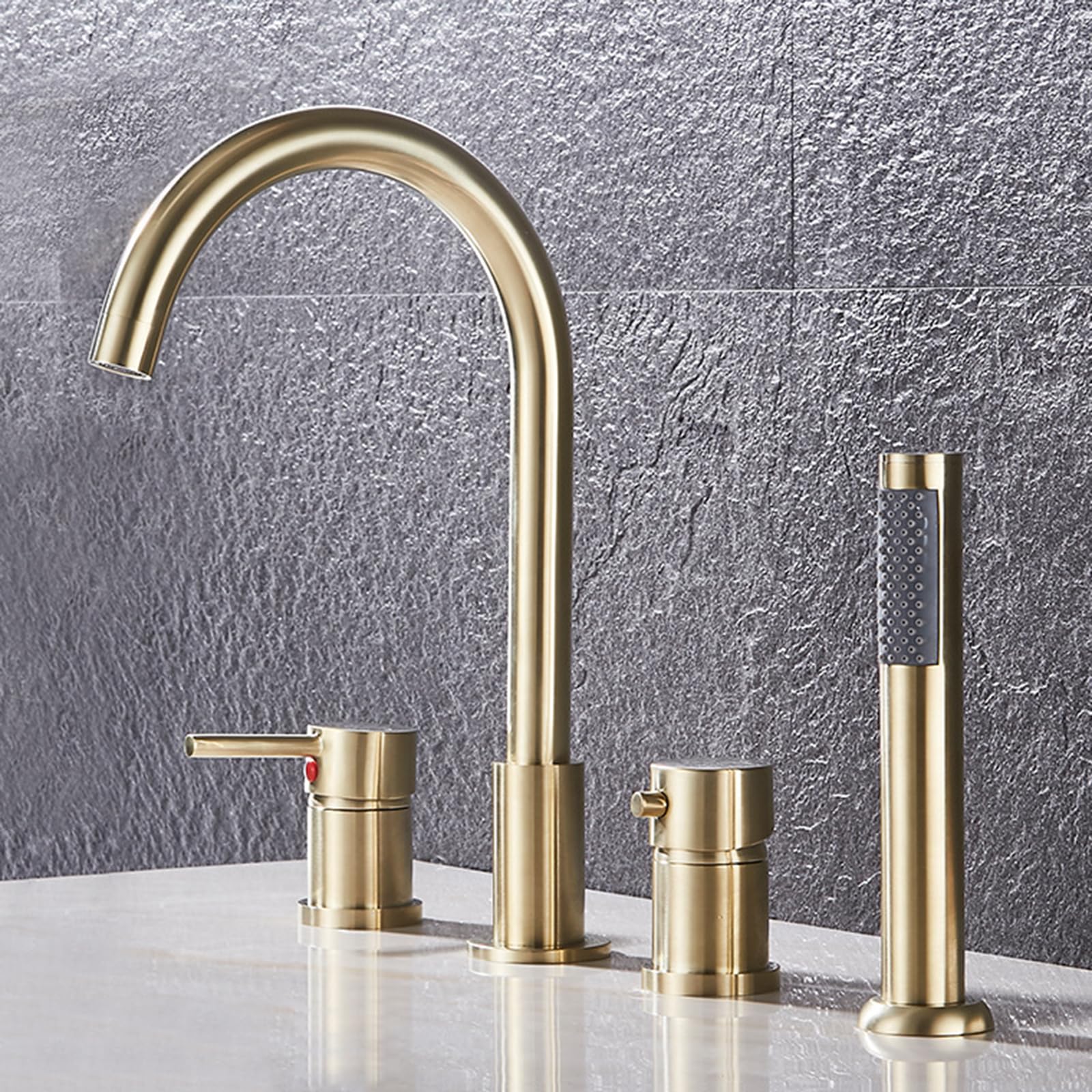 SBCGFY Brushed Gold 4 Hole Bath Mixer Tap Set With Deck Mount Shower Bathroom Tub Tap,