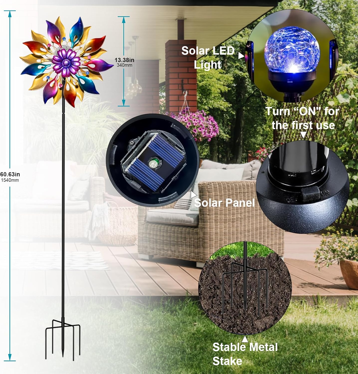 360° Wind Spinners Outdoor with Solar Lights Colored Petals Garden Decor Yard Lawn Art Decor for Patio Kinetic Flower Windmills Unique Gifts for Friends and Family 60.63'' H x 13.38'' Dia