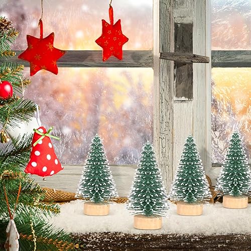 Miniatura 7 de VICASKY 10 árboles de Navidad en miniatura de 2.0in, mini árbol de pino con base de nieve y madera, árboles de Navidad con base de madera, mini