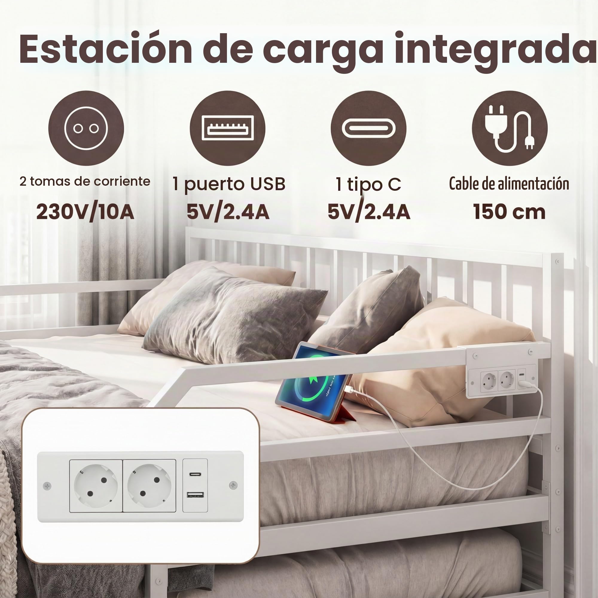 KOMFOTTEU Estructura de Sofá Cama Extensible de 2 Plazas 90 x 200 cm, Cama Nido de Metal con Luces LED, Estación de Carga, Listones Resistentes, para Salón, Dormitorio, Apartamento (Blanco)