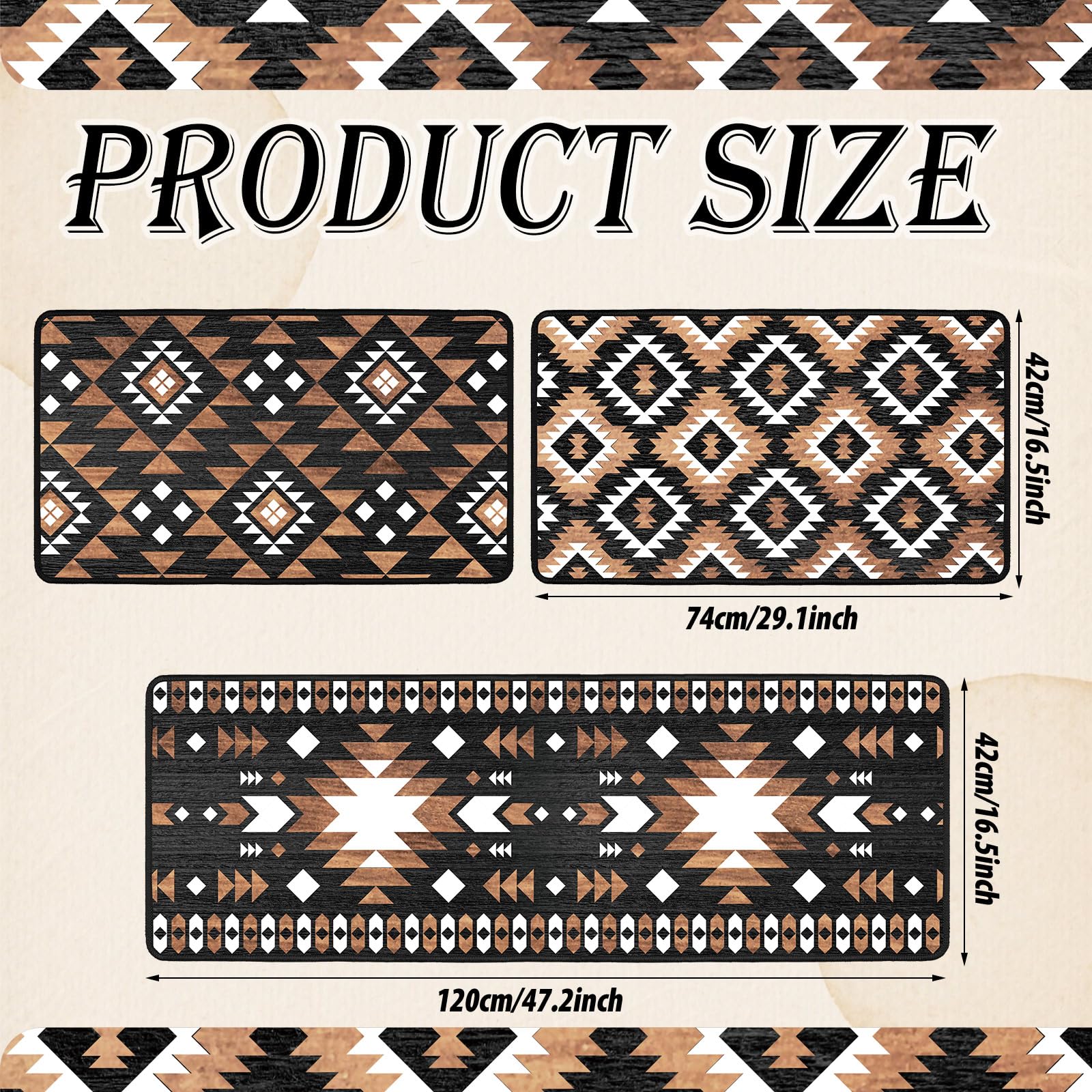Drydiet Lot de 3 tapis de cuisine aztèques occidentaux et bohèmes - Tapis de sol antidérapants et imperméables - Motif géométrique - Décoration occidentale aztèque pour cuisine, maison, entrée, bar