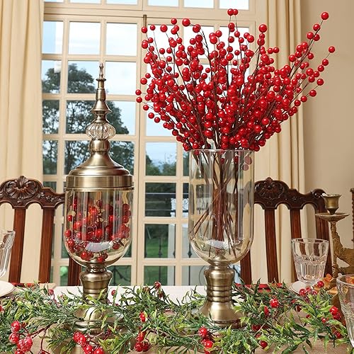 Miniatura 2 de joyhalo Paquete de 24 tallos de bayas rojas, tallos de bayas de acebo de 17 pulgadas, decoración navideña de bayas rojas, púas de bayas rojas para