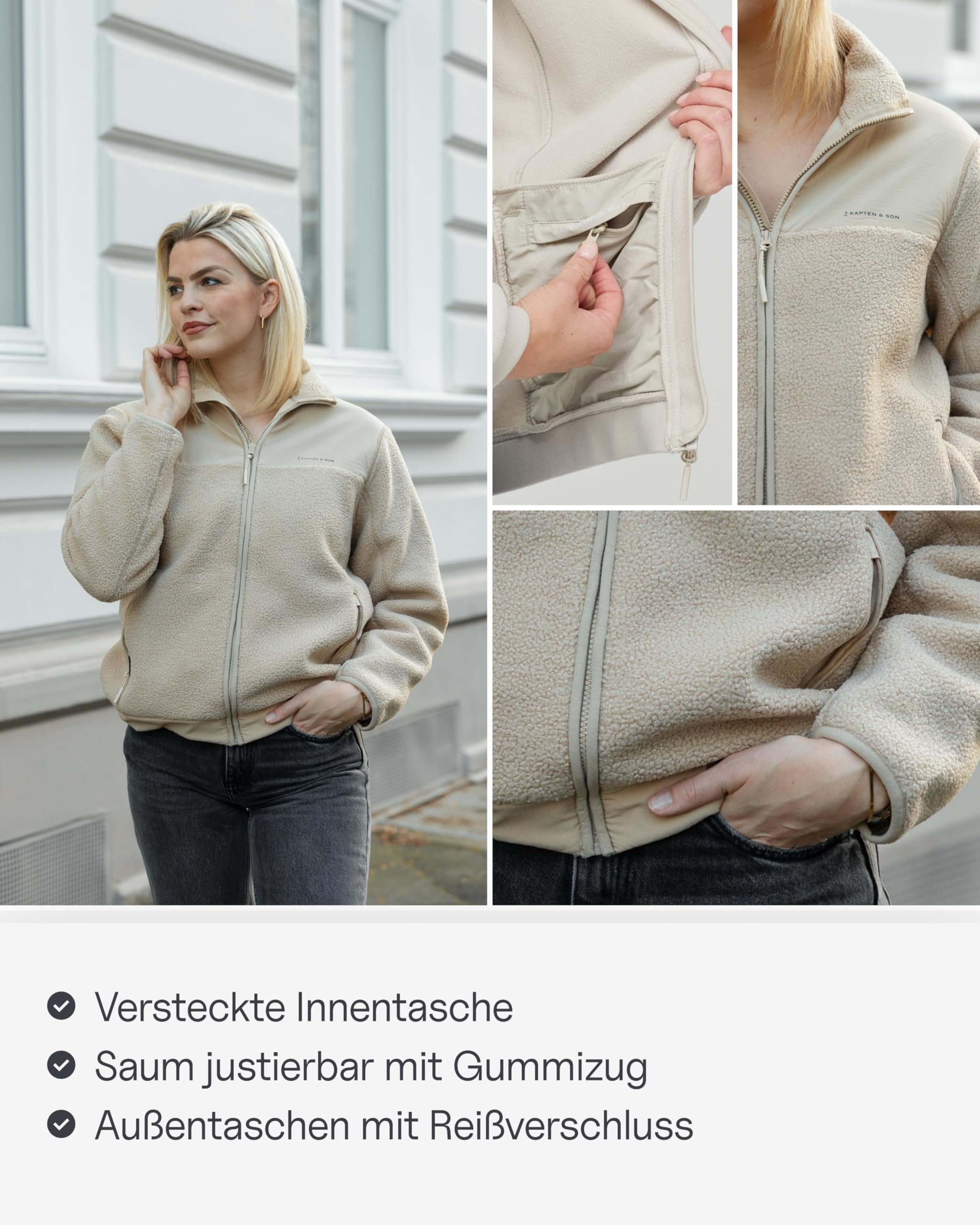 Kapten & Son Teddy Fleecejacke Damen & Herren | Weiche Teddyfleecejacke in All Black, Sandstone, Forest Green XS - XL | gefütterte Taschen mit Reißverschluss, verstellbarer Bund | Outdoor, Alltag