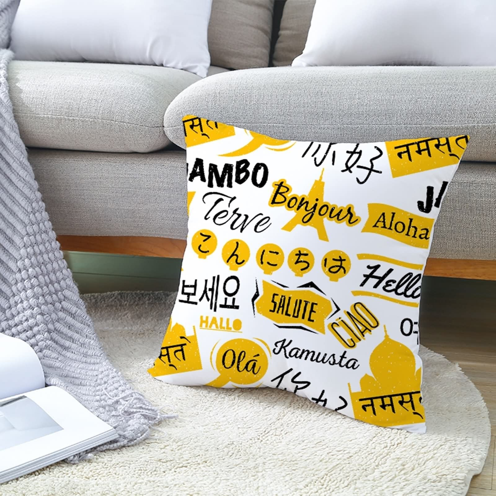 6 fundas de cojín para exteriores de 50 x 50 cm, funda de almohada amarilla geométrica y patrón de rayas de poliéster para sala de estar, sofá dormitorio