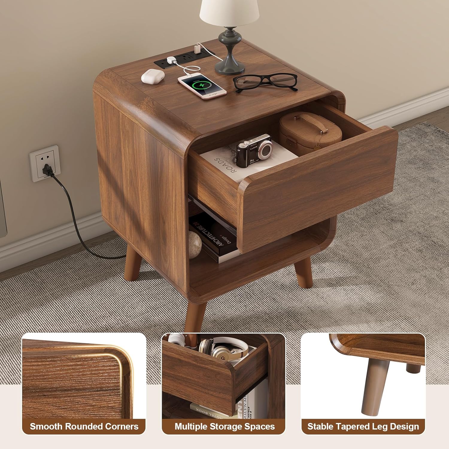 Nasonet Small Night Stand Set 2, 17.7'' Wide Bedside Table with Charging Station, Mid Century Modern Nightstands with Drawers, End Table for Living Room, Curved Beveled Design, Walnut