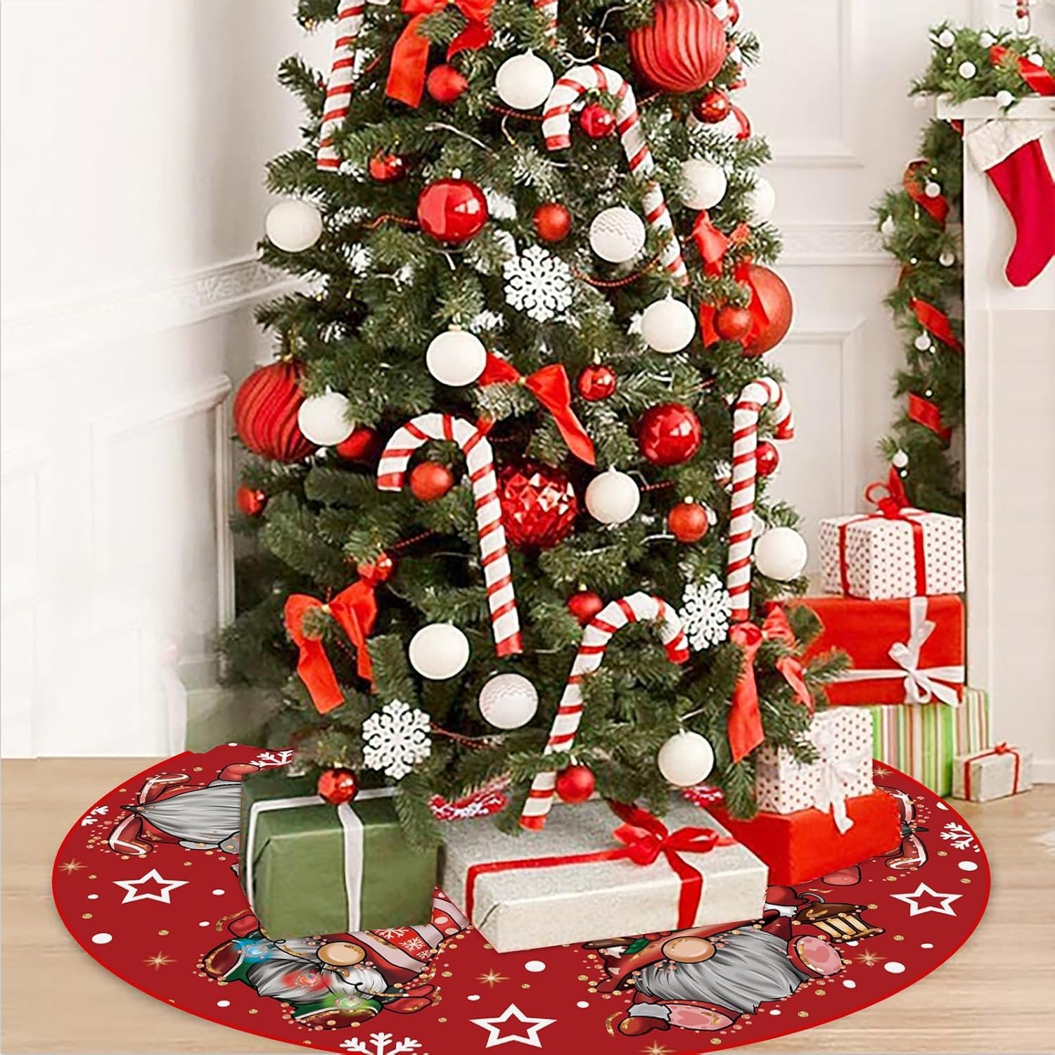 Jupe Sapin De Noël 120cm Couvre Pied Rond Rouge Motif GNOME Tapis Décorations Fête