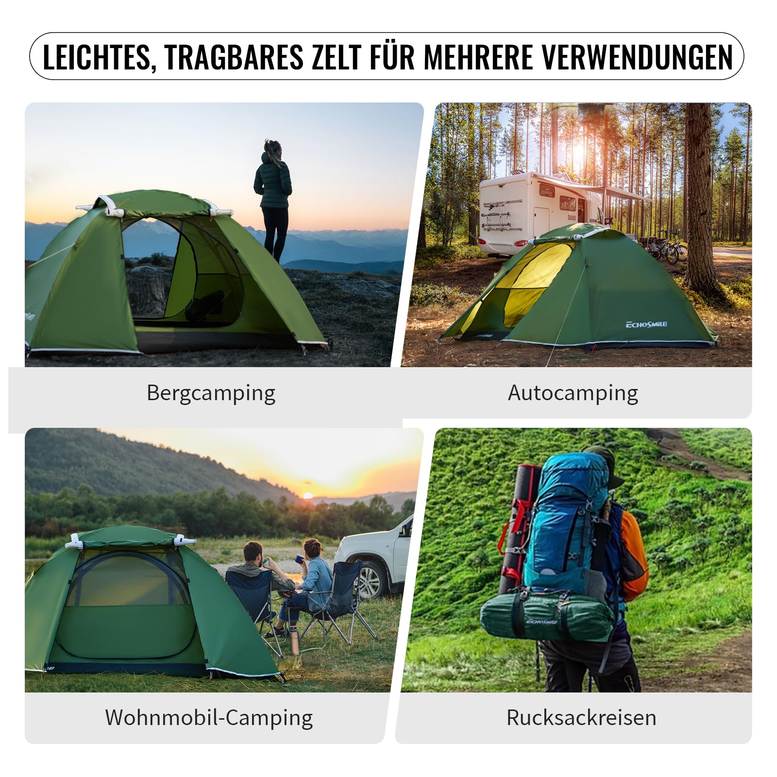 EchoSmile Zelt 2 Personen Wasserdichtes Kuppelzelt, Ultraleicht & Stabil Camping Tent, 3-4 Saison, Double-Layer Zelte mit Mesh-Türen, Tent für Trekking, Festival, Outdoor, Grün