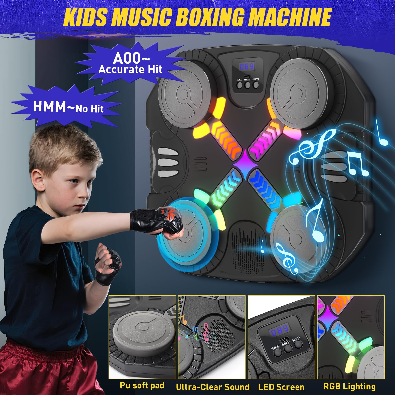Máquina de Boxeo Musical para Niños, Máquina de Boxeo Bluetooth Montada en Pared con Guantes, Luces y Retroalimentación Sonora, Niños y Niñas de 3 a 12 Años (Negro)