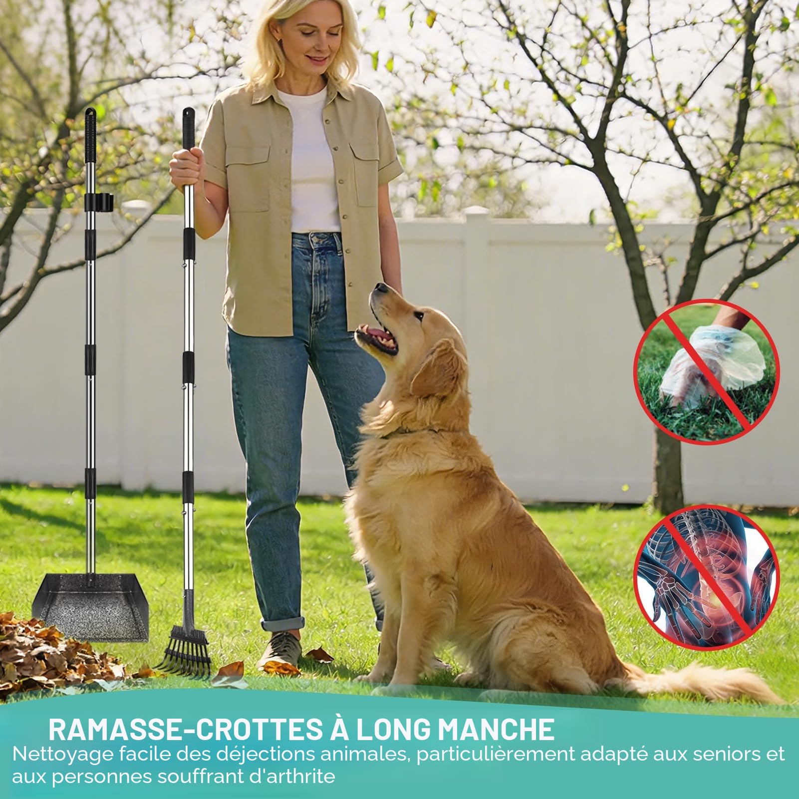 Pelle a Crotte pour Chien, Manche Long Réglable, Palette en Métal, Râteau, Pelle pour Chiens de Grande, Moyenne et Petite Taille, pour Herbe, Saleté, Gravier – Kit 2 - Pack