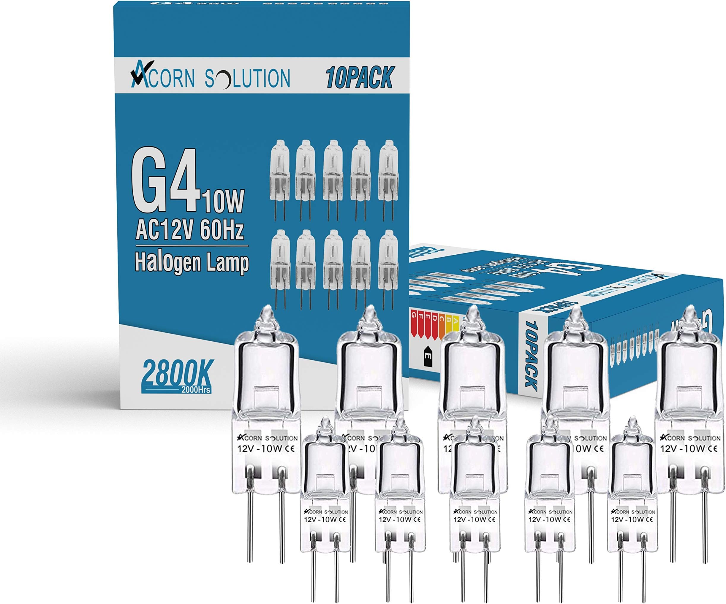 AcornSolution 10 x G4 Halogen Pin Base Light Bulbs Clear Capsule 12V 10W, G4 Low Voltage Halogen Bulb, 2800K