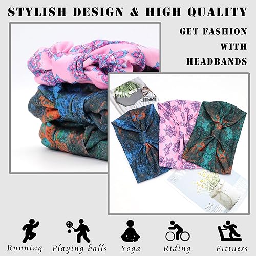 Miniatura 4 de FULZTEY Diademas bohemias para mujer, con estampado floral, de moda, anudadas, banda ancha para la cabeza grande, bandas africanas, elásticas,