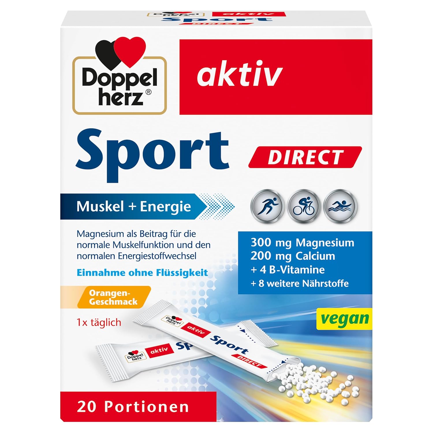 Doppelherz Sport Direct, dietary supplement with B vitamins and minerals for athletes and physically active people, orange flavour, 20 portions (20 x micro pellets = 40 g)