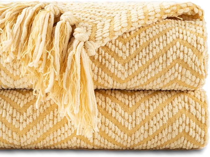 BATTILO HOME Gold Throw Blanket for Couch, Knit Yellow Throw