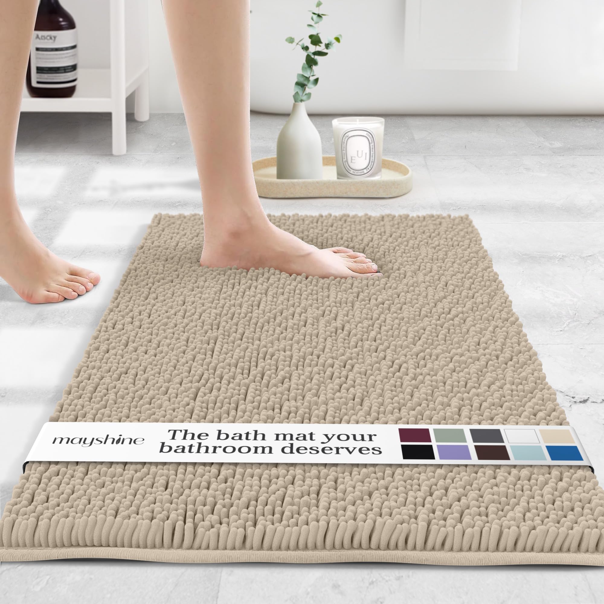 MAYSHINE Standard Plush Shaggy Chenille Bath Mat 32"x20"| Extra Soft, Super Absorbent, Non-Slip Bathroom Rug | Fluffy Microfiber, Area Rug Sets for Bathroom Floor, Kitchen, Living Room | Beige