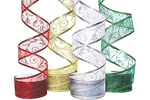 Christmas Wired Ribbon Clearance Embellished with Sheer Organza Glitter