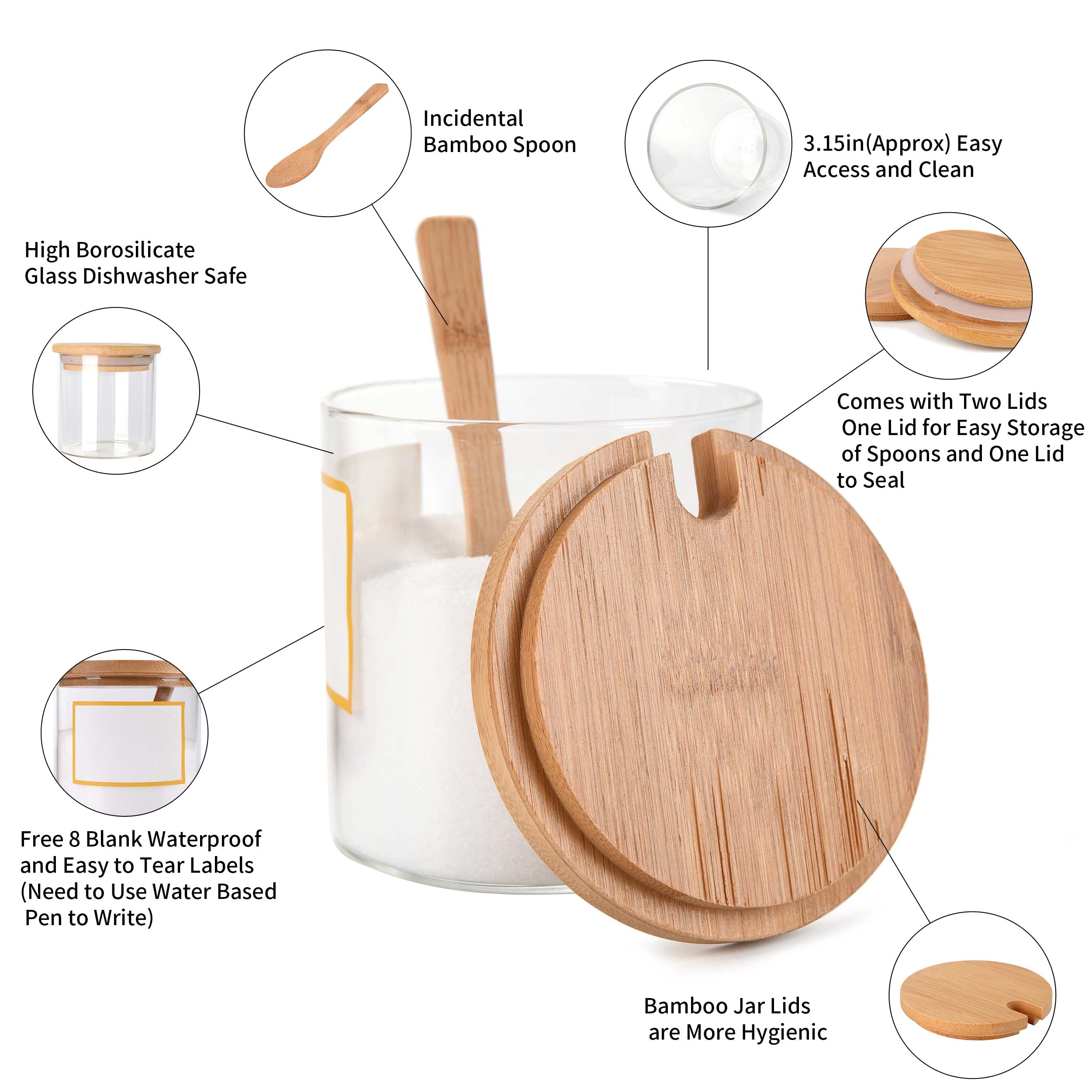 Glass Condiment Jar with 6 Lids,Sugar Bowl/Salt Box with Spoon and