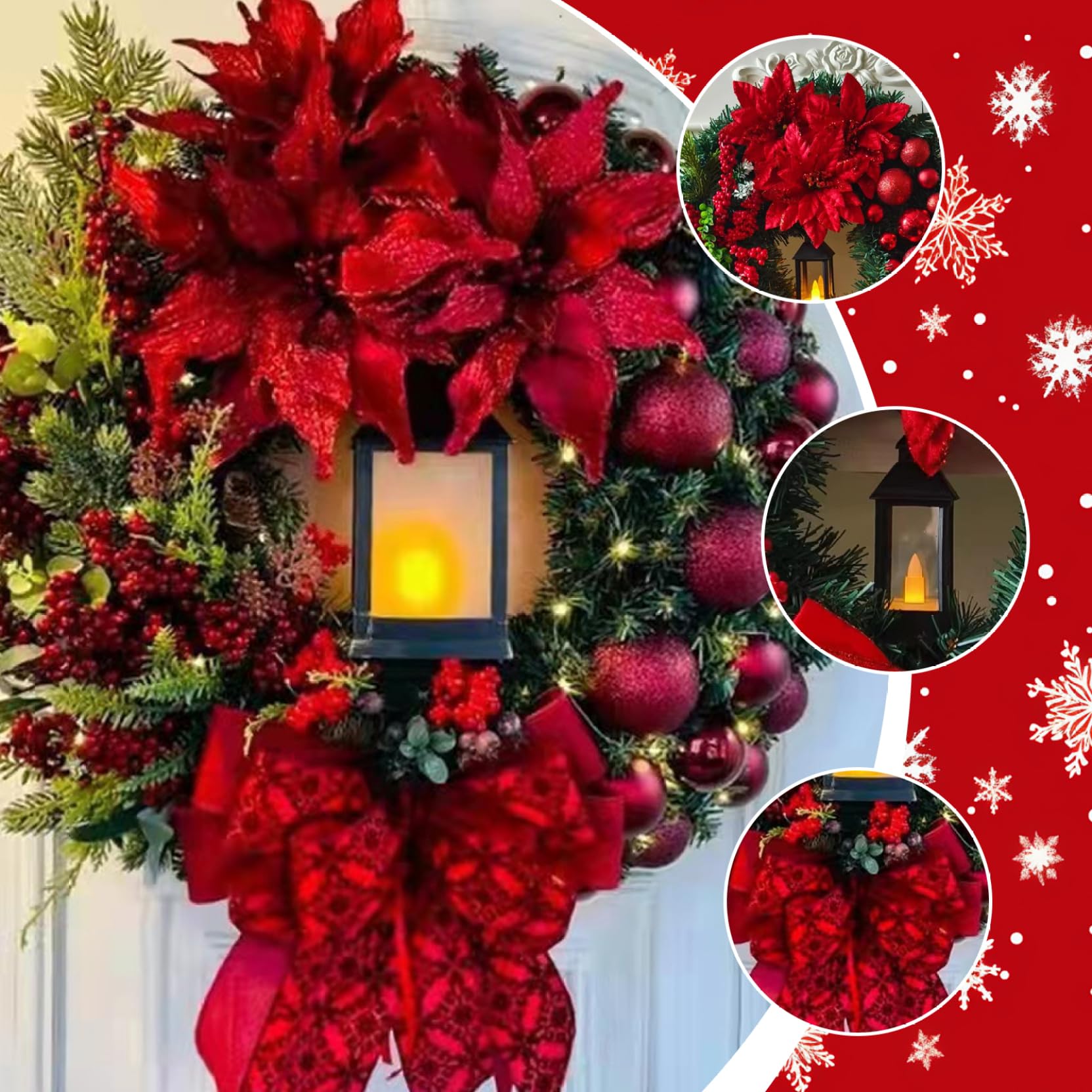 16 Coronas navideñas para Puerta de Entrada con luz y Lazo - Corona de Puerta roja Artificial para decoración Interior y Exterior - Navidad