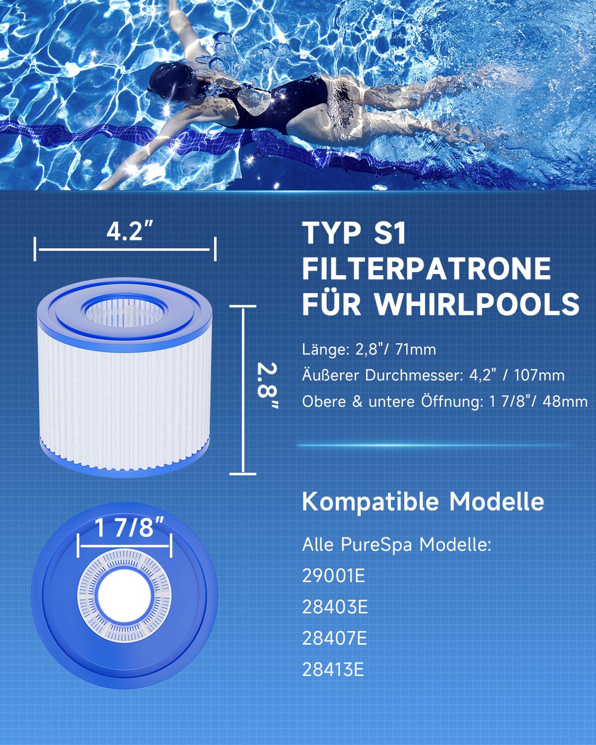 AQUALTRA Filter S1 für Pool, Kompatibel mit PureSpa Hot Tub Filter für 11692 29001E 107 x 71 MM 6 Stück