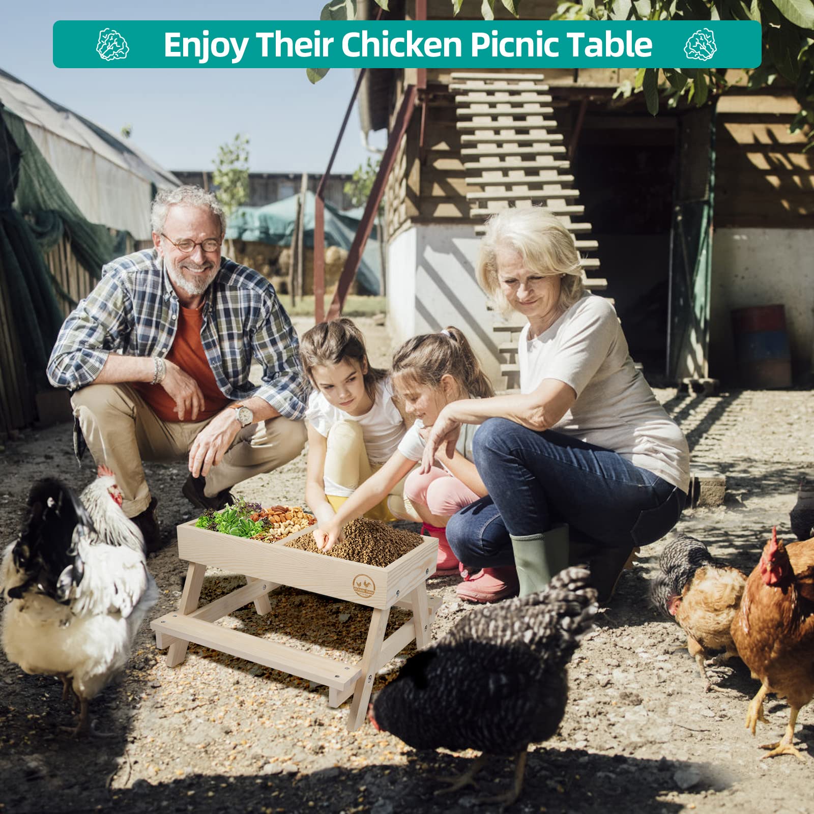 Mesa de picnic para pollo, sin residuos, comedero grande hecho a mano de madera, kit de comedero de mesa de pollo, comedero de pájaros salvajes, patos y ardillas, sin ensuciar, parte inferior de malla