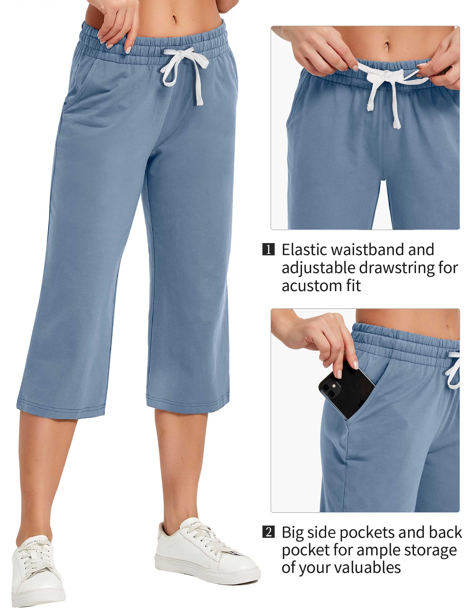 SPECIALMAGIC Pantalons capri en coton pour femme, Bleu poussiéreux., XX-Large | 95 % coton, poche intérieure, extensible, doux, respirant, cordon de serrage, taille élastique, mi-mollet