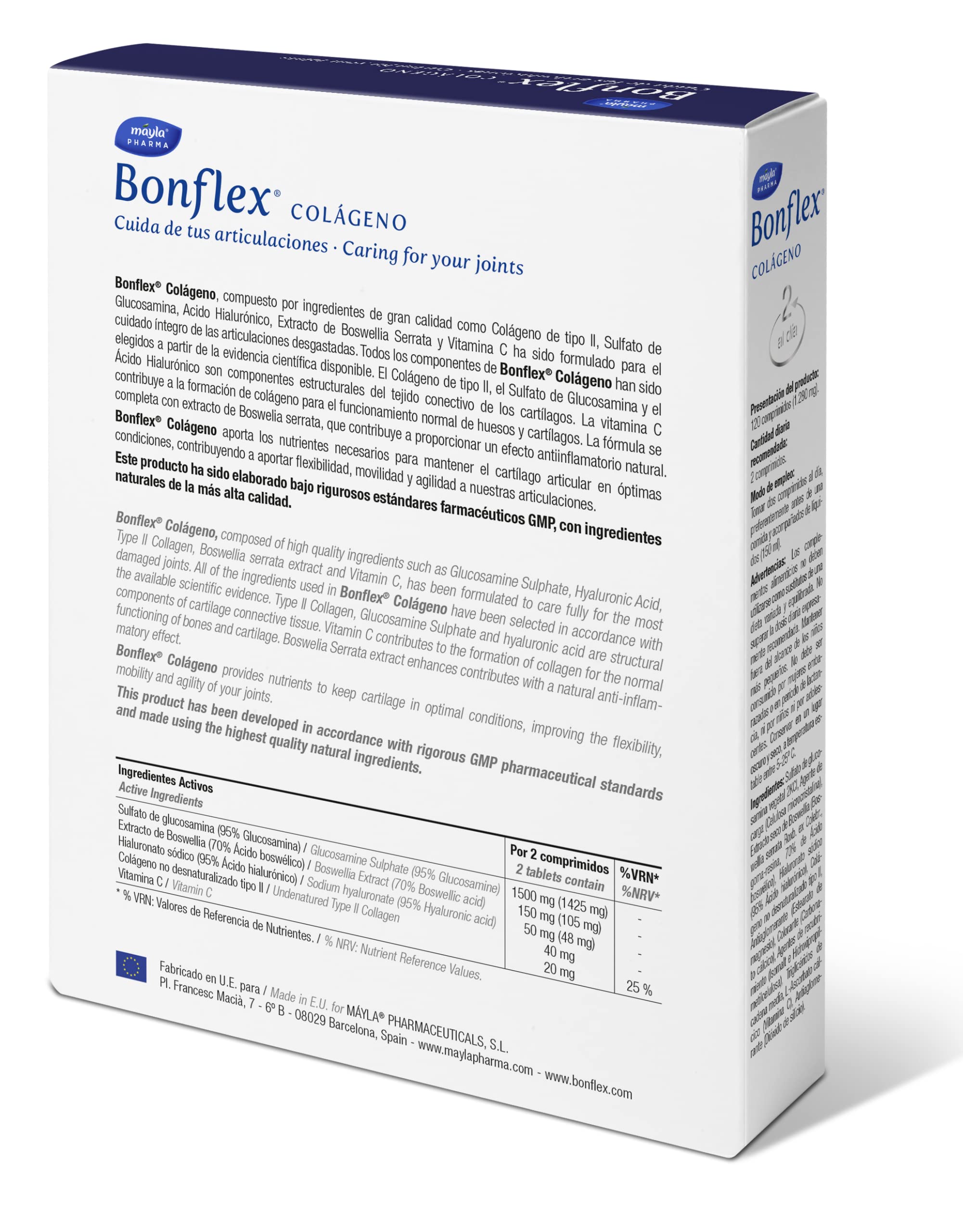 Bonflex Collagène 120 Comp Collagène non dénaturé Type II, aide à maintenir en forme les articulations face à l'usure et aux impacts 1500 mg Glucosamine prend soin de vos articulations 2 prises par