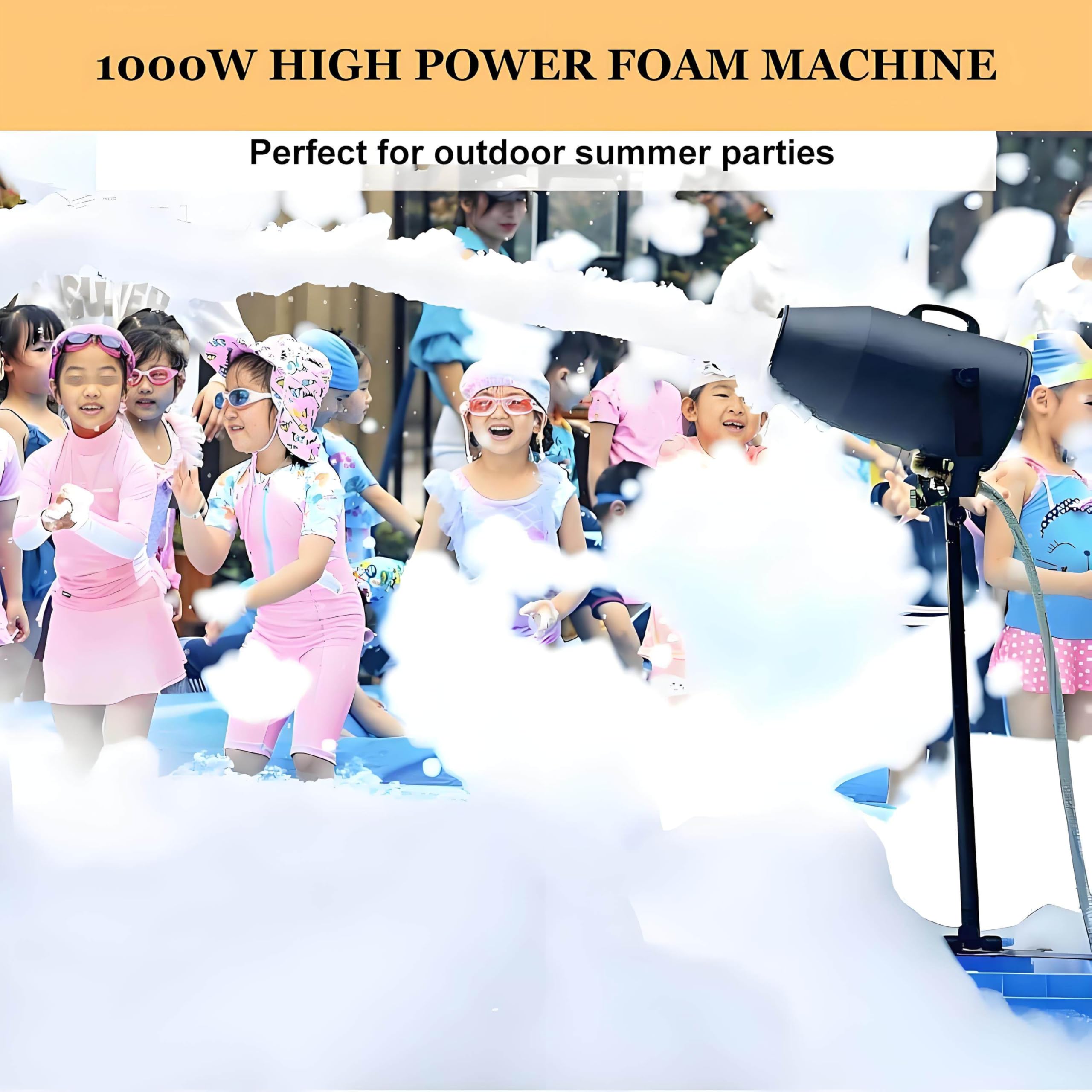 Máquina de espuma, ángulo ajustable de 1000 W con distancia de pulverización de 32 pies, adecuada para fiestas, eventos al aire libre, parques acuáticos y piscinas, incluye gránulos de espuma