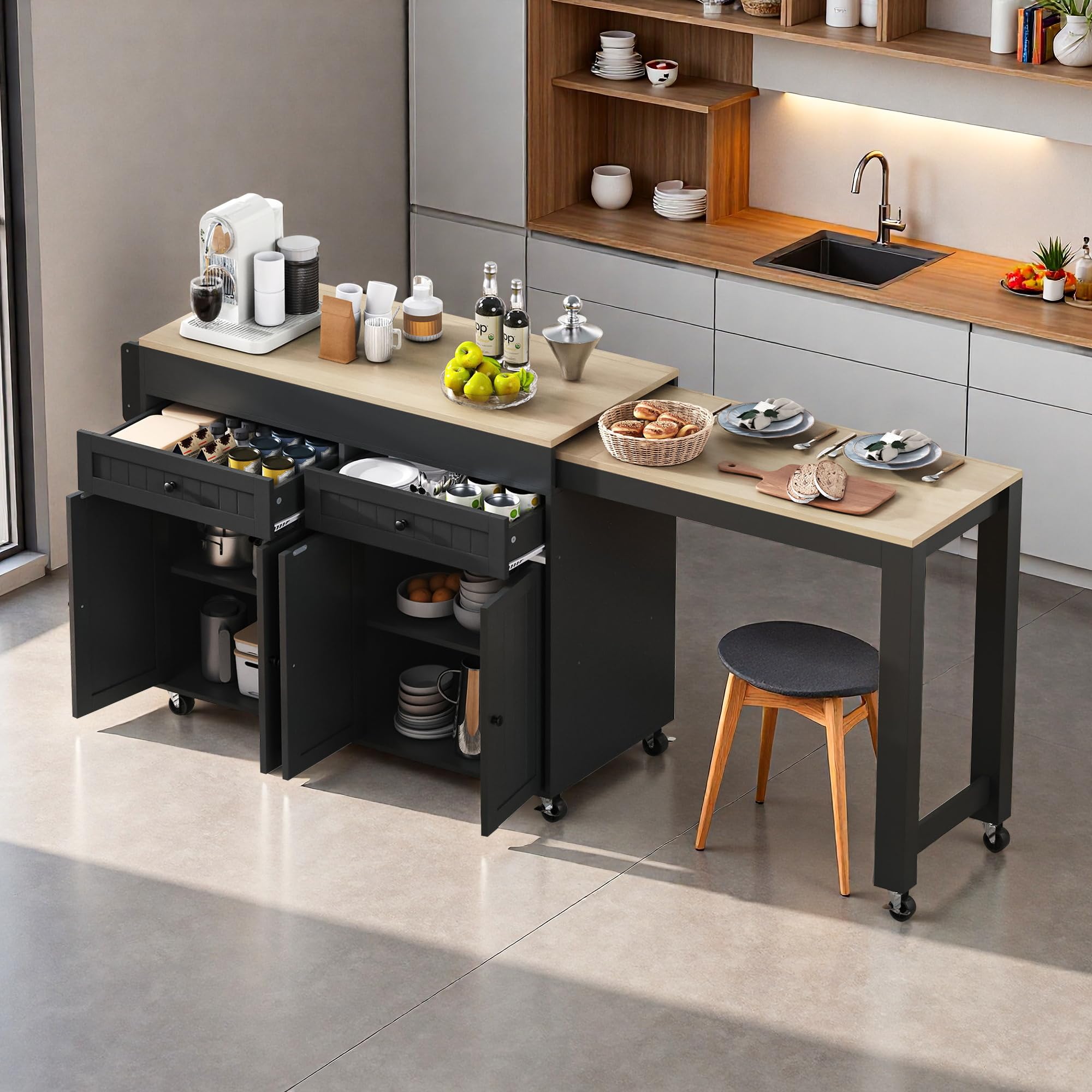 Carrello da cucina mobile espandibile con piano di lavoro nero con cassetti e divisori Mobili versatili per sala da pranzo Design indipendente per una facile mobilità