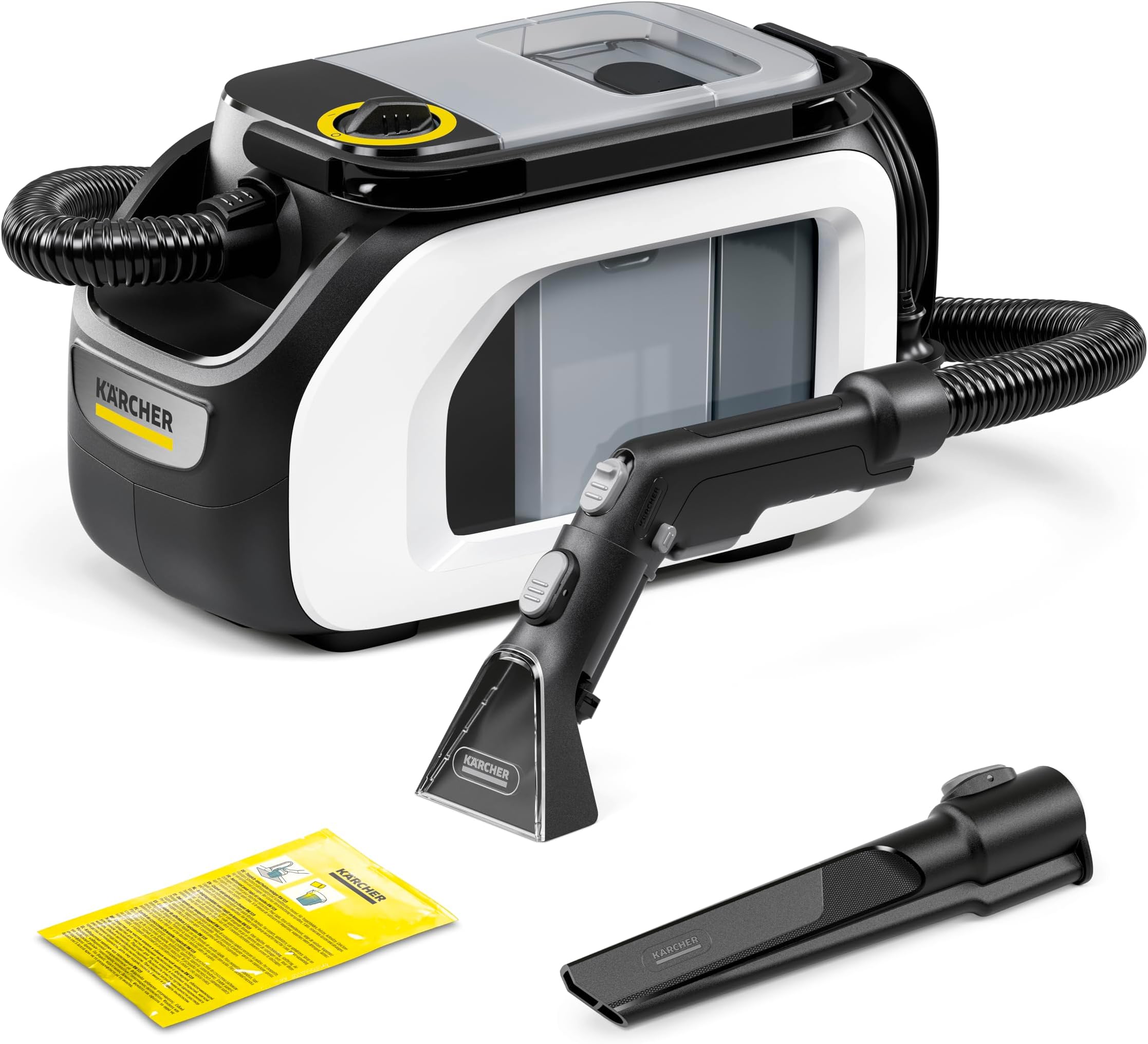 – SE 3 Compact Spot Cleaner, power: 500 W, fresh water tank: 1.7 l, area: 2.76 m2, weight: 4.1 kg, spray suction hose, upholstery spray extraction nozzle and crevice nozzle