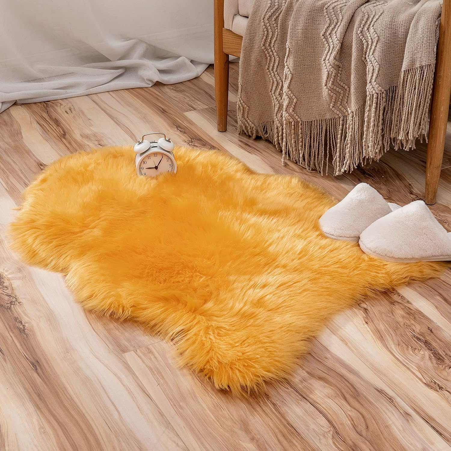 MIULEE Faux Fur Area Rugs Sheepskin Fluffy Mat Fleece Chair Cover Seat Pad Soft Shaggy Area Mat for Bedroom Sofa Floor 60 x 90 cm Irregular Shape Orange