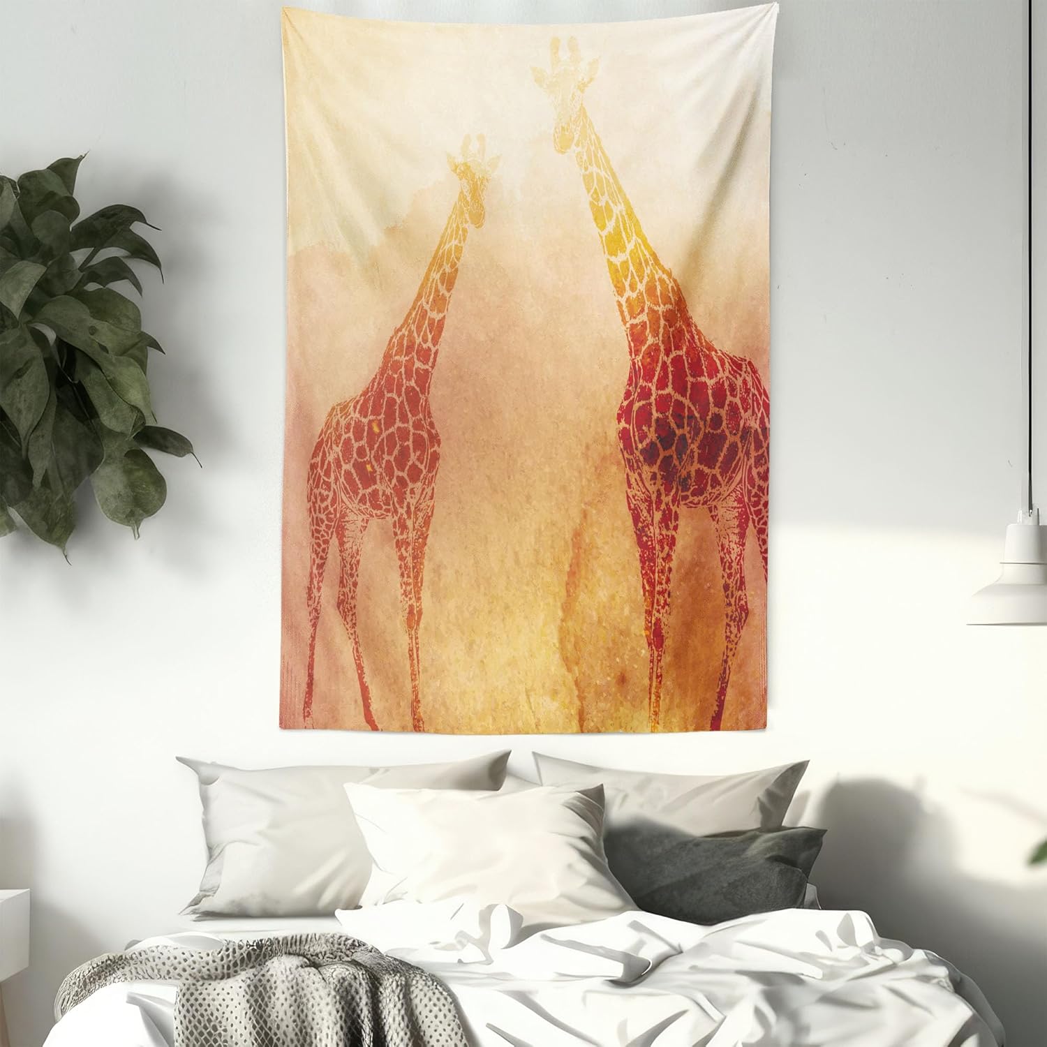 Ambesonne Savannah Tapestry, Illustration Tropic Giraffes Tallest Neck Animal Mammal in Retro Vintage Print, Wall Hanging for Bedroom Living Room Dorm Decor, 60" X 80", Orange Satin 60" Width X 80" Length Orange