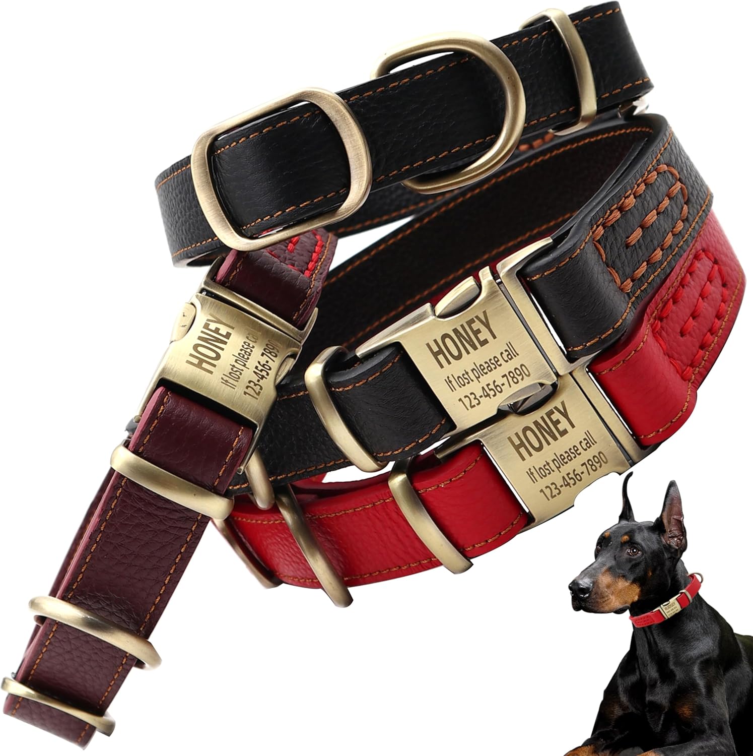 Personalized Leather Dog Collars,Custom Double-Layer Genuine Leather Dog Collar Engraved with Name and Phone Number,Quick-Release Buckle for Small Medium Large Dogs-Dark Brown,Large