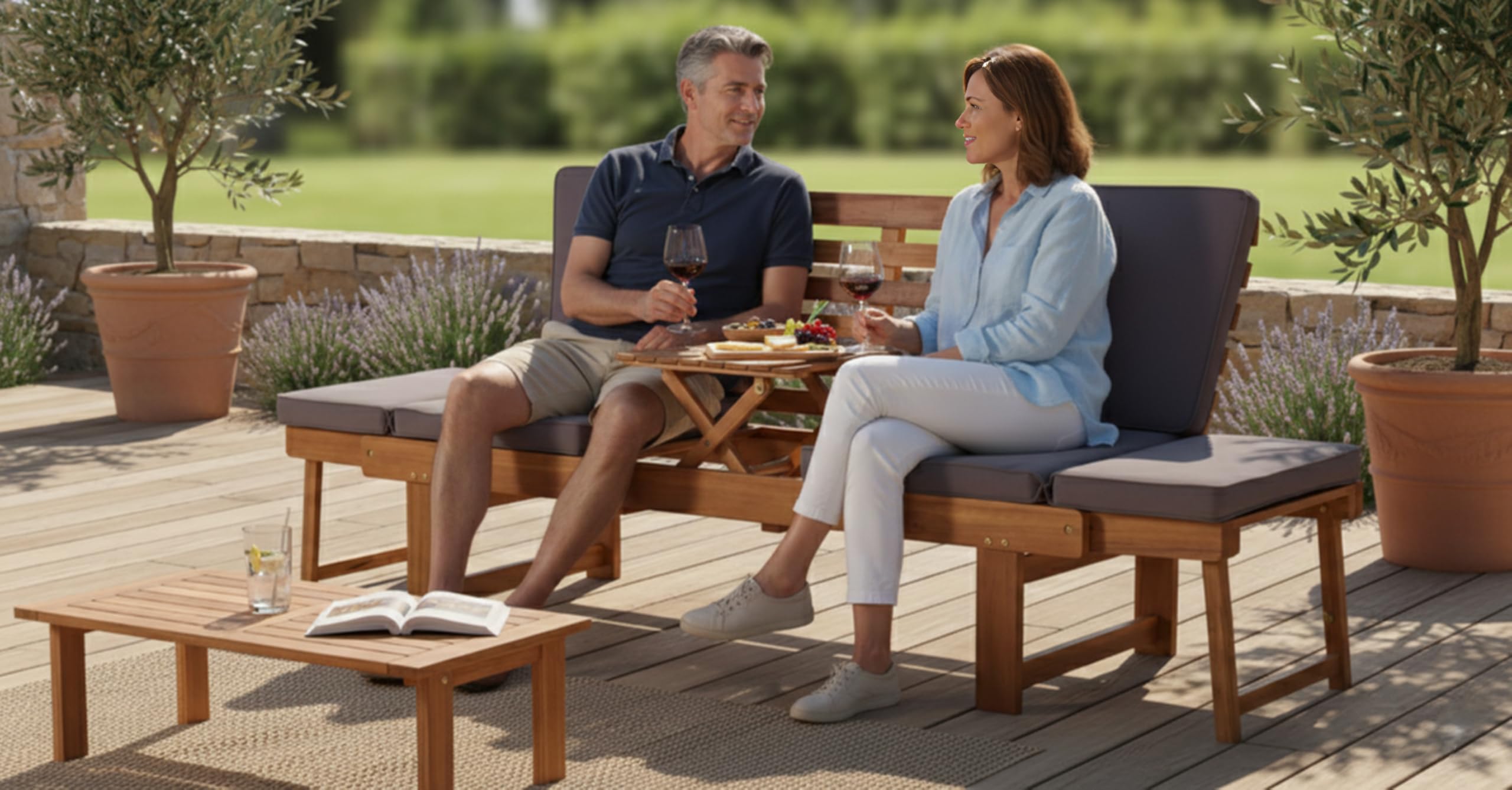Gartenbank mit Tisch - 2 Sitzer Natur Holzbank aus Akazie Wetterfest Monte | Elegante Outdoor Sitzbank und Balkonmöbel Set, robuste Gartenbank Holz für Balkon & Terrasse, inklusive Kissenauflagen