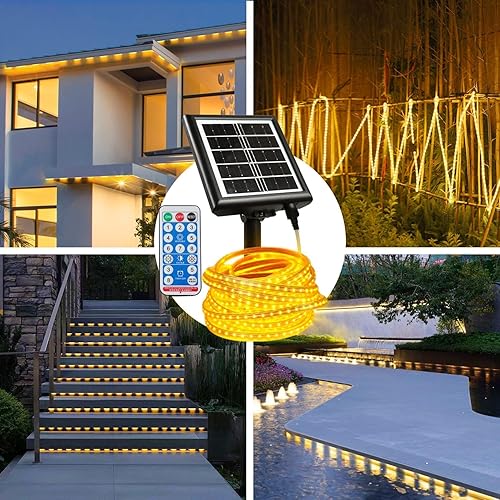 Miniatura 4 de Nurluce Tira de luces LED solares para exteriores, impermeable, blanco cálido, 32.8 pies, 960 LED, 2400 mAh, 24 V, tira de luz solar con control