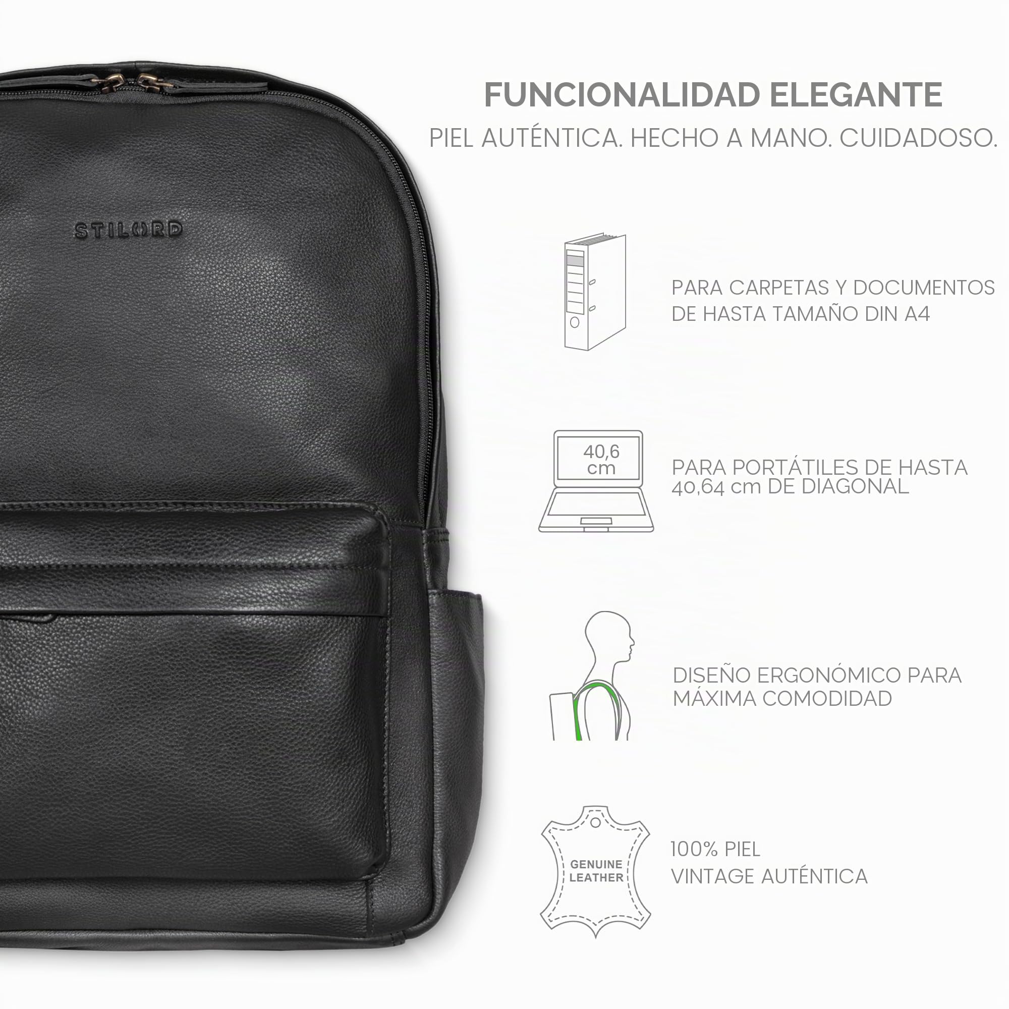 STILORD 'Arik' Mochila de Piel para Hombre y Mujer Cuero Viaje Bolso Estudiante Piel Backpack Mochilas portatil 16 Aduanas, Color:Negro