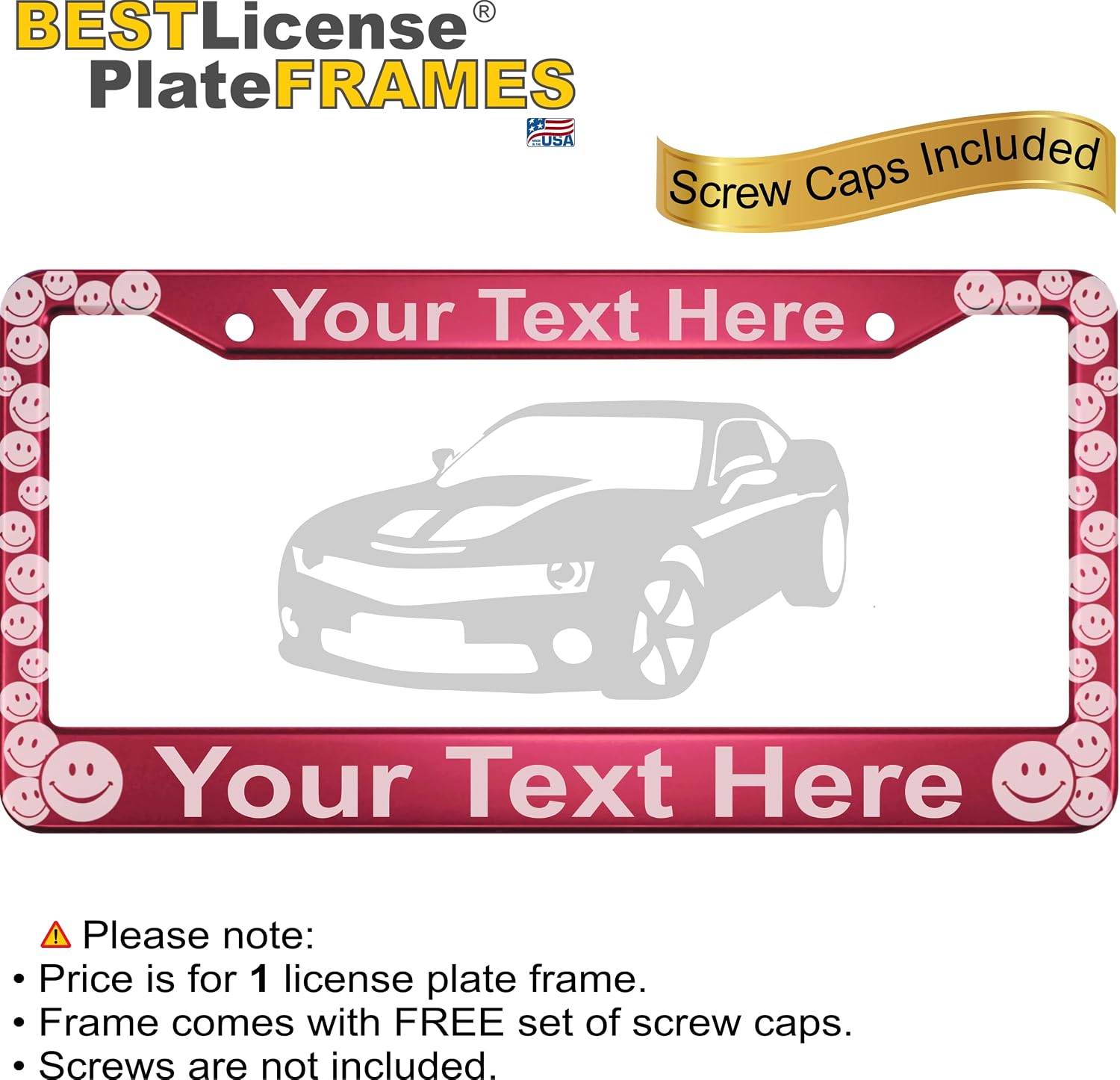 Happy Funny Smiley Faces | Custom Personalized Text Design | Laser Etched Anodized Aluminum Standard Size - CAR/Automobile License Plate Frame (Tag Holder) & Free caps - Dark Pink (Qty: 1 Frame)